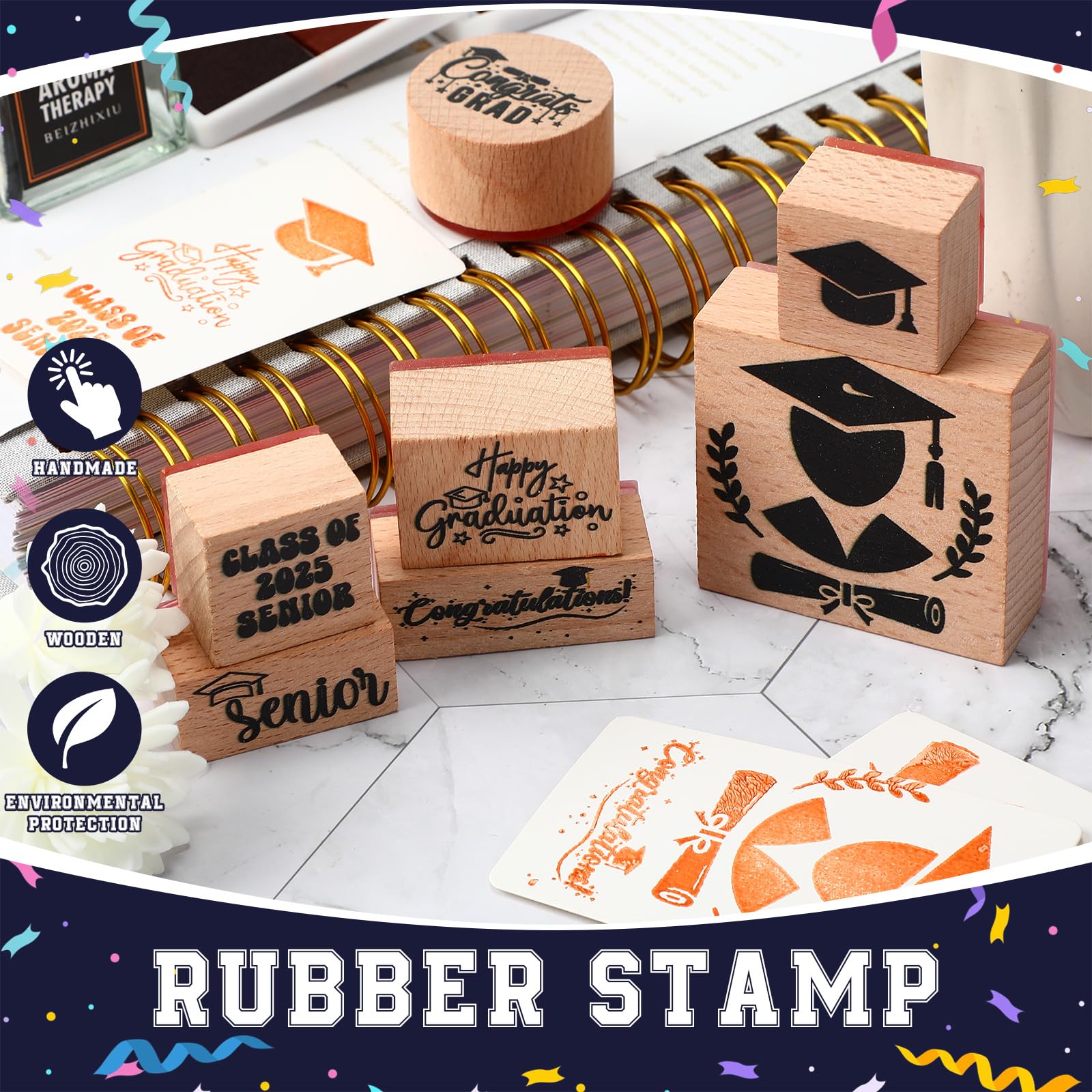 Supervitae Gummistempel-Set aus Holz, 8 Stück, zum Schulabschluss, Vintage, Holzstempel zum Basteln und Basteln, Scrapbooking, Kartenherstellung, Handbuch