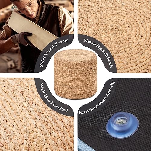 Miniatura 9 de Wimarsbon Puf otomano de 18 pulgadas, puf trenzado natural, puf rústico de tejido a mano, taburete reposapiés bohemio para dormitorio, mesa