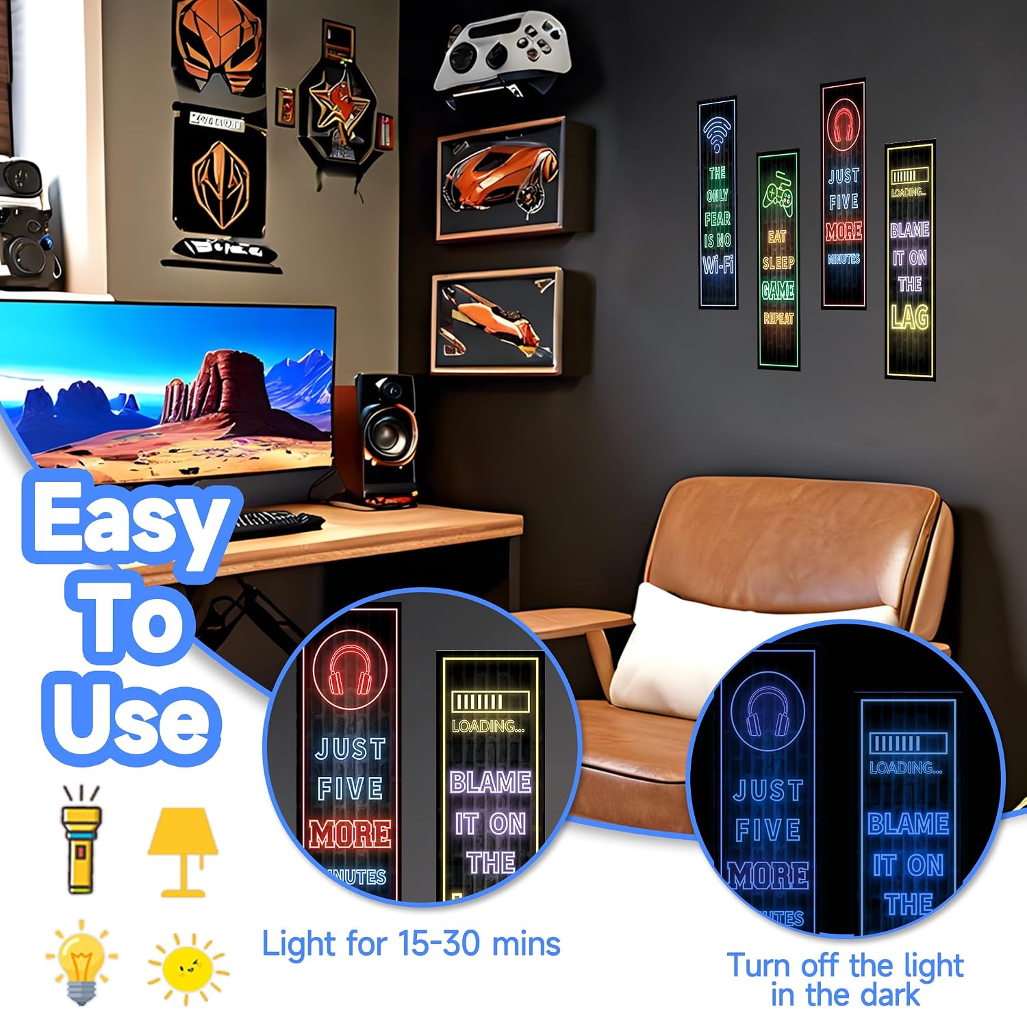 Eat Sleep Game Wall Decals Glow in The Dark, Gamer Controller Stickers Decor for Boy Bedroom, Joystick Video Gaming Kids Playroom Nursery Decoration (Blue)