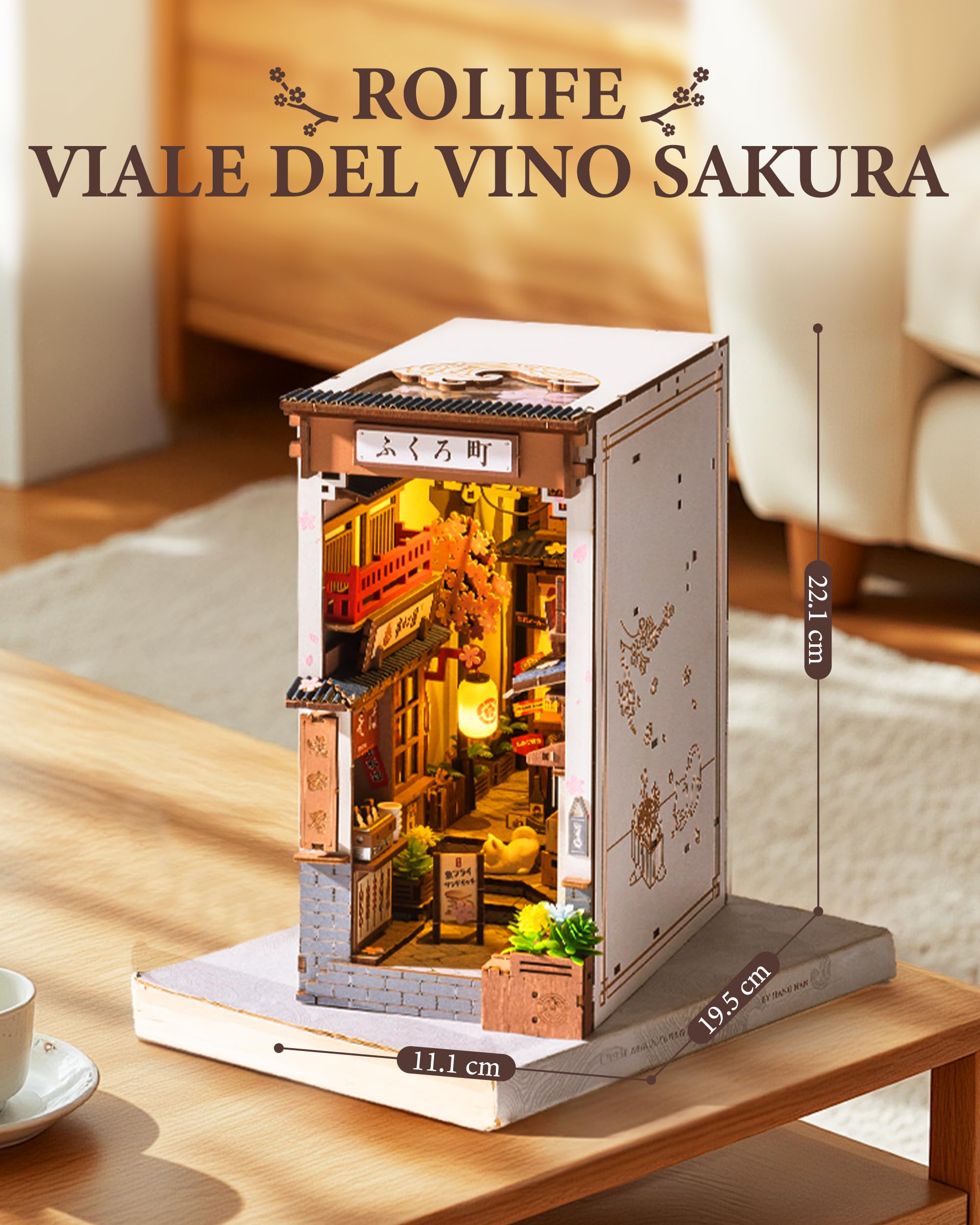 Rolife Book Nook Kit Miniature da Costruire DIY Booknook Sakura Wine Alley 3d Puzzle Legno con Luci Decorazione Libreria Casa Modellismo da Costruire Adulti Diorama Modellismo