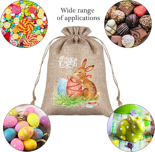 Miniatura 4 de Whaline Bolsa de regalo de arpillera de Pascua, bolsa de yute de lino con cordón de 5.9 x 7.9 pulgadas, bolsa de regalo de conejo de Pascua, bolsa