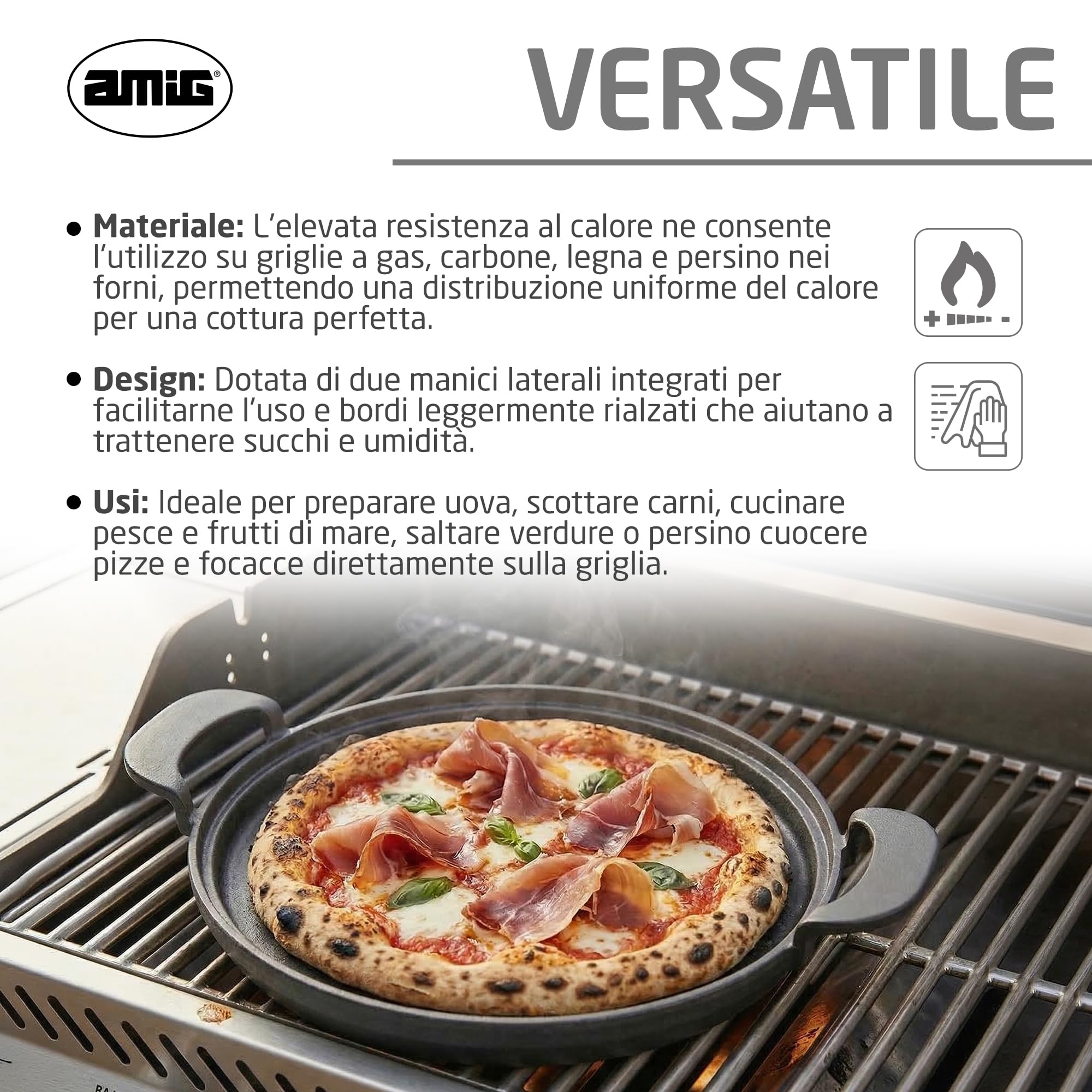 Amig - Padella in Ghisa - Ø31 cm - Distribuzione Uniforme del Calore e Alta Resistenza - Per Barbecue a Carbone o Gas - Mod. AM39