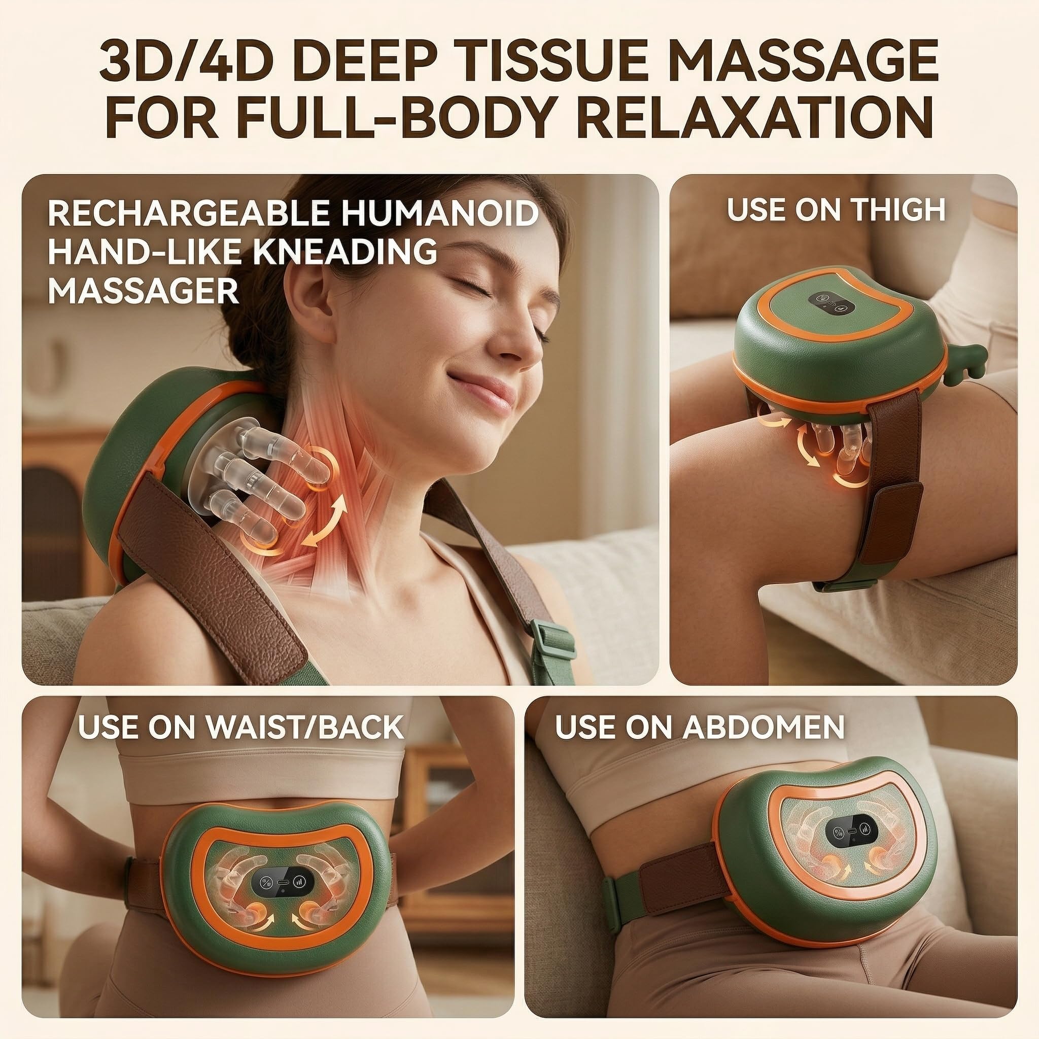 Masseur de cou 4D sans fil, cou et cervicale, masseur chauffant pour le dos, coussin de massage électrique à pétrissage pour les muscles, cou, taille, jambes et corps - 3 modes