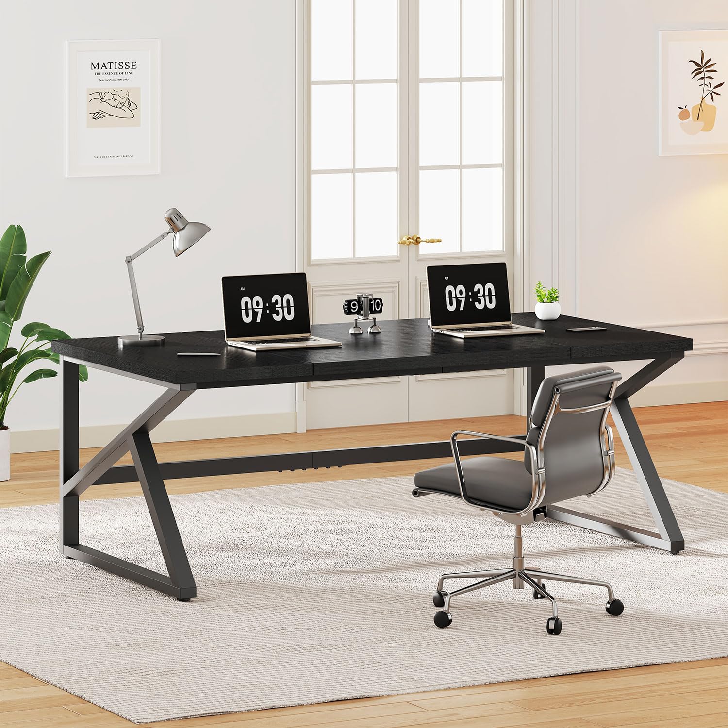 IBF Long Black Computer Desk, Large Executive Office Desk for 2 People Work Writing Study, 70 Inch Industrial Metal Wood Dual Monitor Desk Workstation