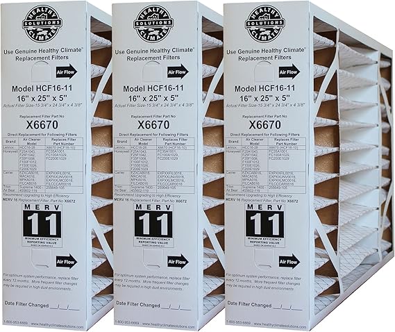 Lennox X6670 MERV 11 Box Replacement Filter also for Honeywell, 16" H x 25" L x 5" W (3-Pack)