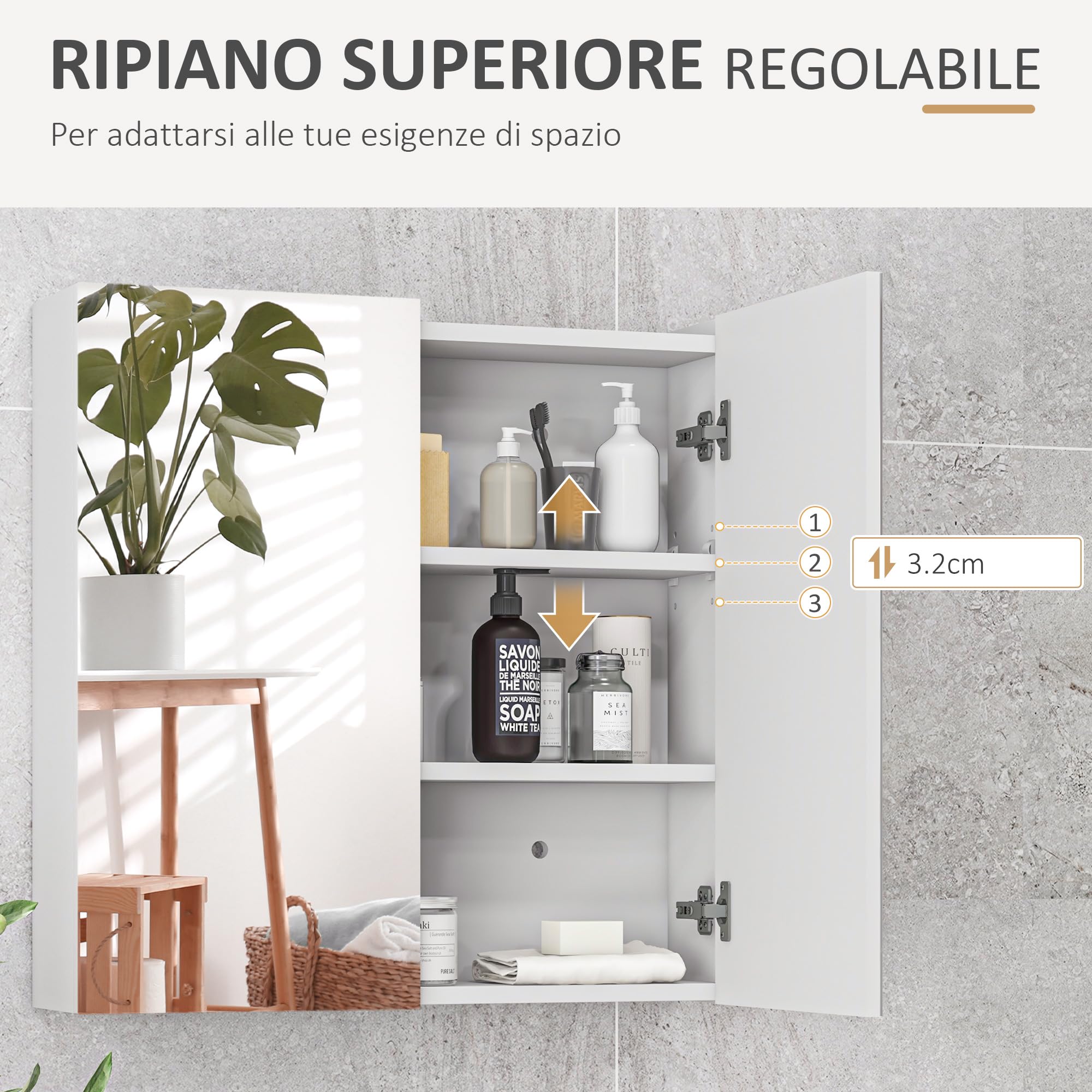 kleankin Specchio Bagno Contenitore Specchiera 60x15x60 cm Bianco Lucido