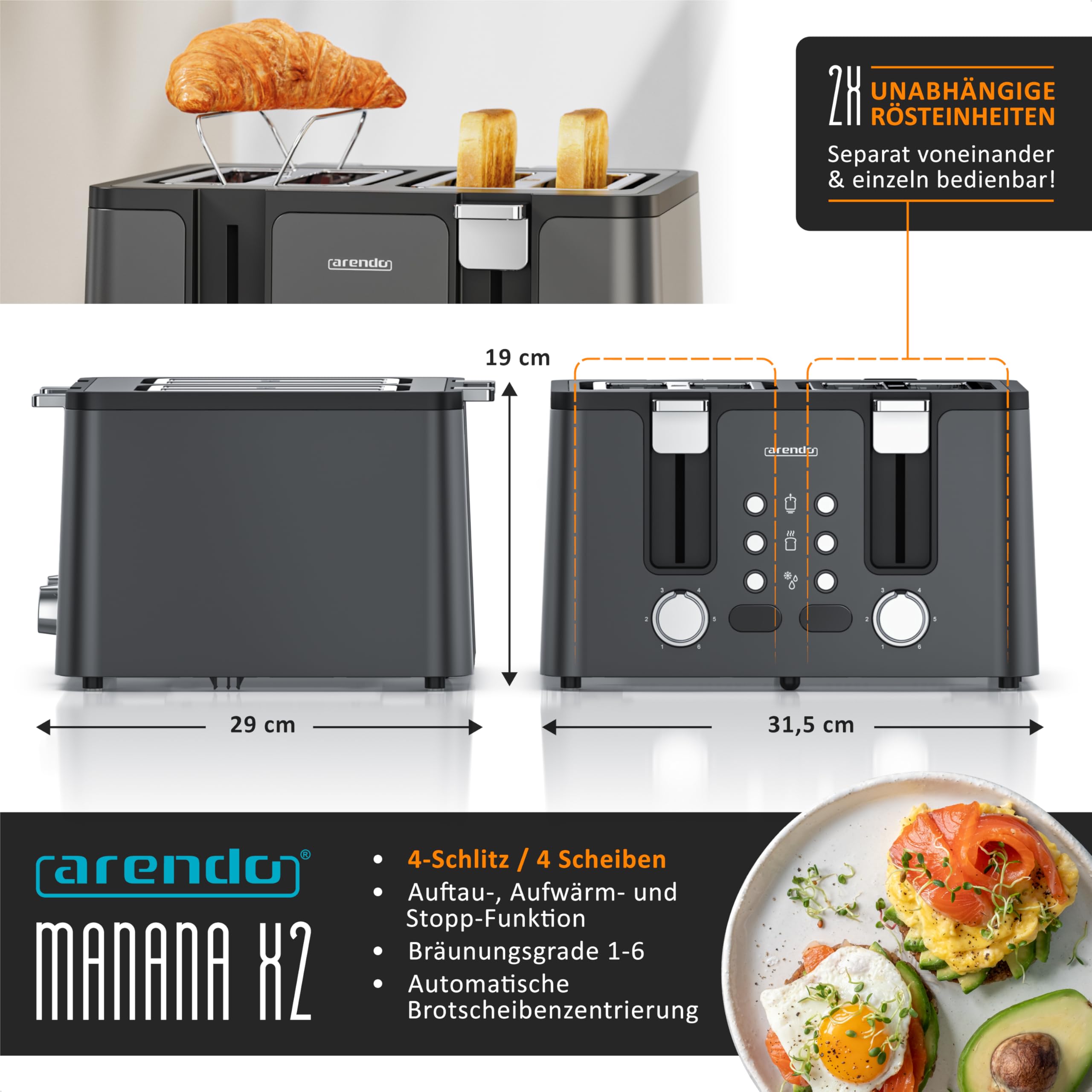 Arendo - Toaster 4 Scheiben Edelstahl - mit Brötchenaufsatz - 4 Schlitze - LED Anzeige Restzeitanzeige – Doppelwandgehäuse - Defrost Funktion - Krümelschublade - 6 Bräunungsgrade - Cool Grey Design