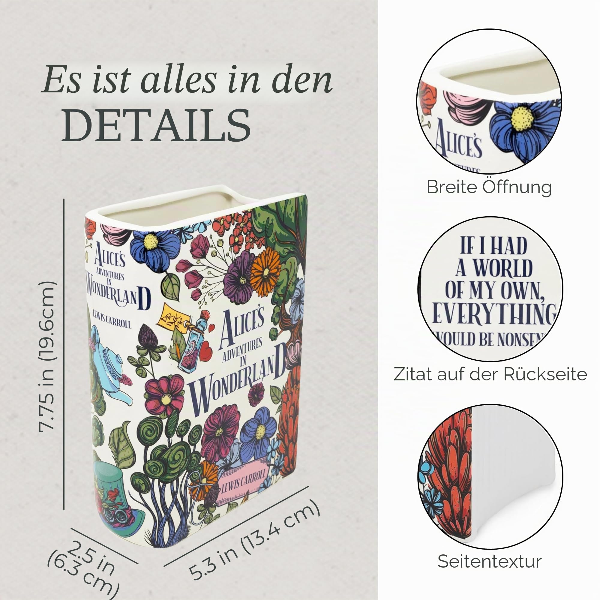 Steel Mill & Co Originelle große dekorative Vase in Buchform, Keramik, Heimdekoration, niedliche Bücherregal-Dekoration, einzigartig, für Buchliebhaber, Alice's Adventures in Wonderland - Floral