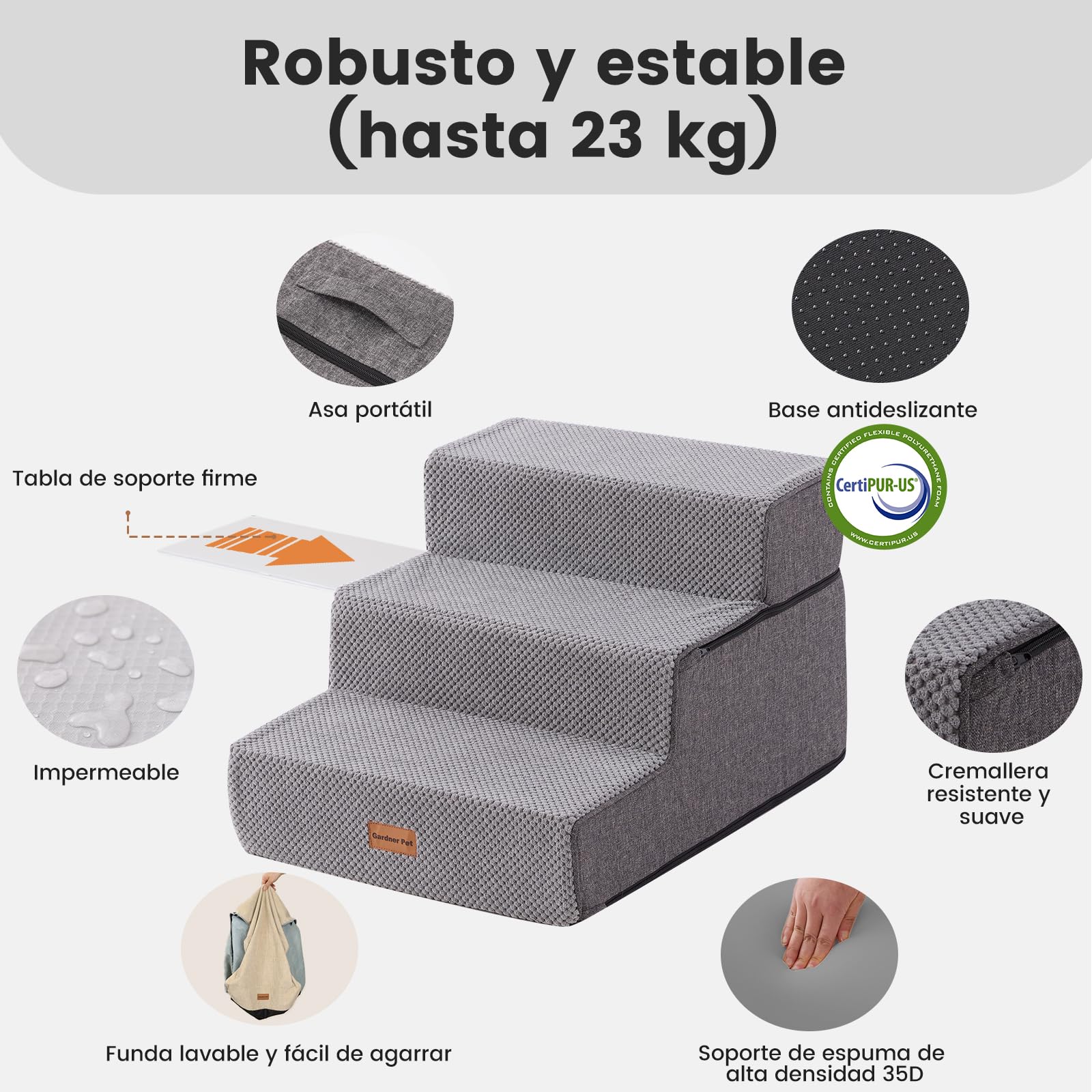 Gardner Pet Escalera para Perros Grade 3 de Espuma de Alta Densidad, 58 cm de Ancho, con Funda extraíble, Antideslizante, facilita el Acceso de Las Mascotas a sofás y Camas - Gris