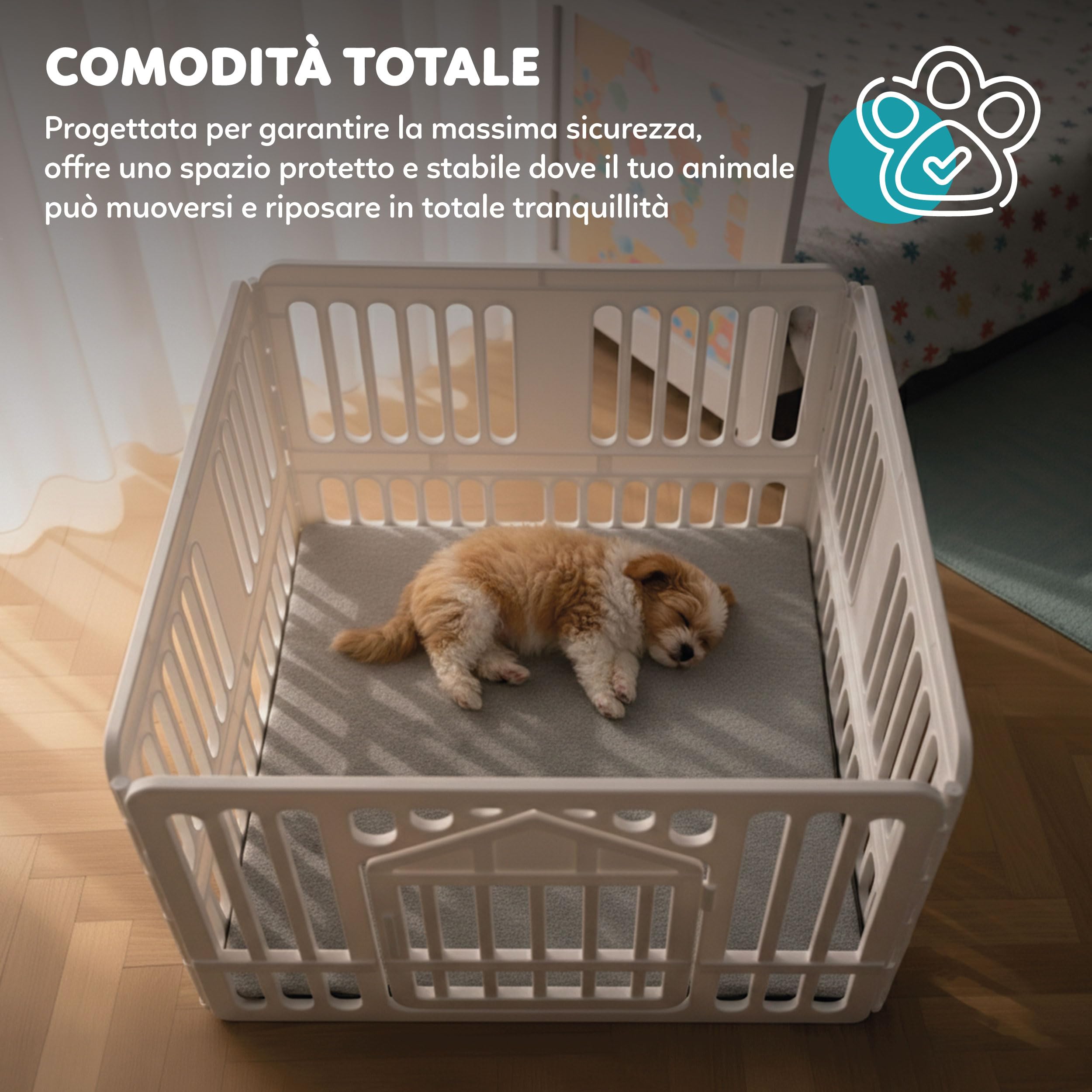 AqpetFriends Recinto per Cani da Interno 97x97x60h cm in plastica con Porta – Box Modulare colore Bianco per Cuccioli e Animali Domestici – Parco Recinzione per Casa, Gatti e Cani
