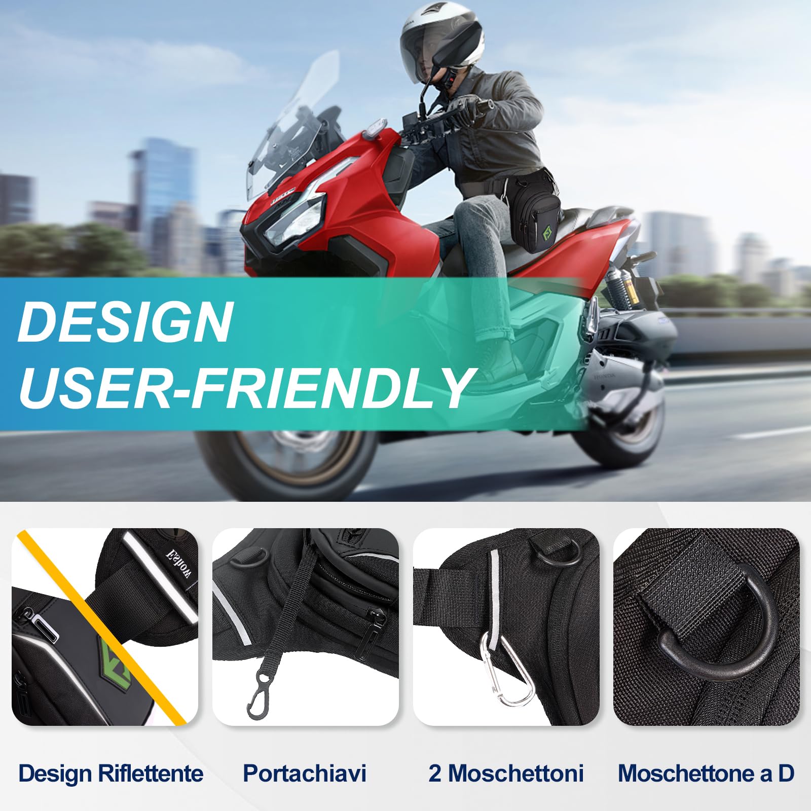 Eshow Marsupio da Gamba Moto, Borsa Cosciale Espandibile con Striscia Riflettente e Cintura Regolabile per Uomo Donna, Borsello Sportivo Nero