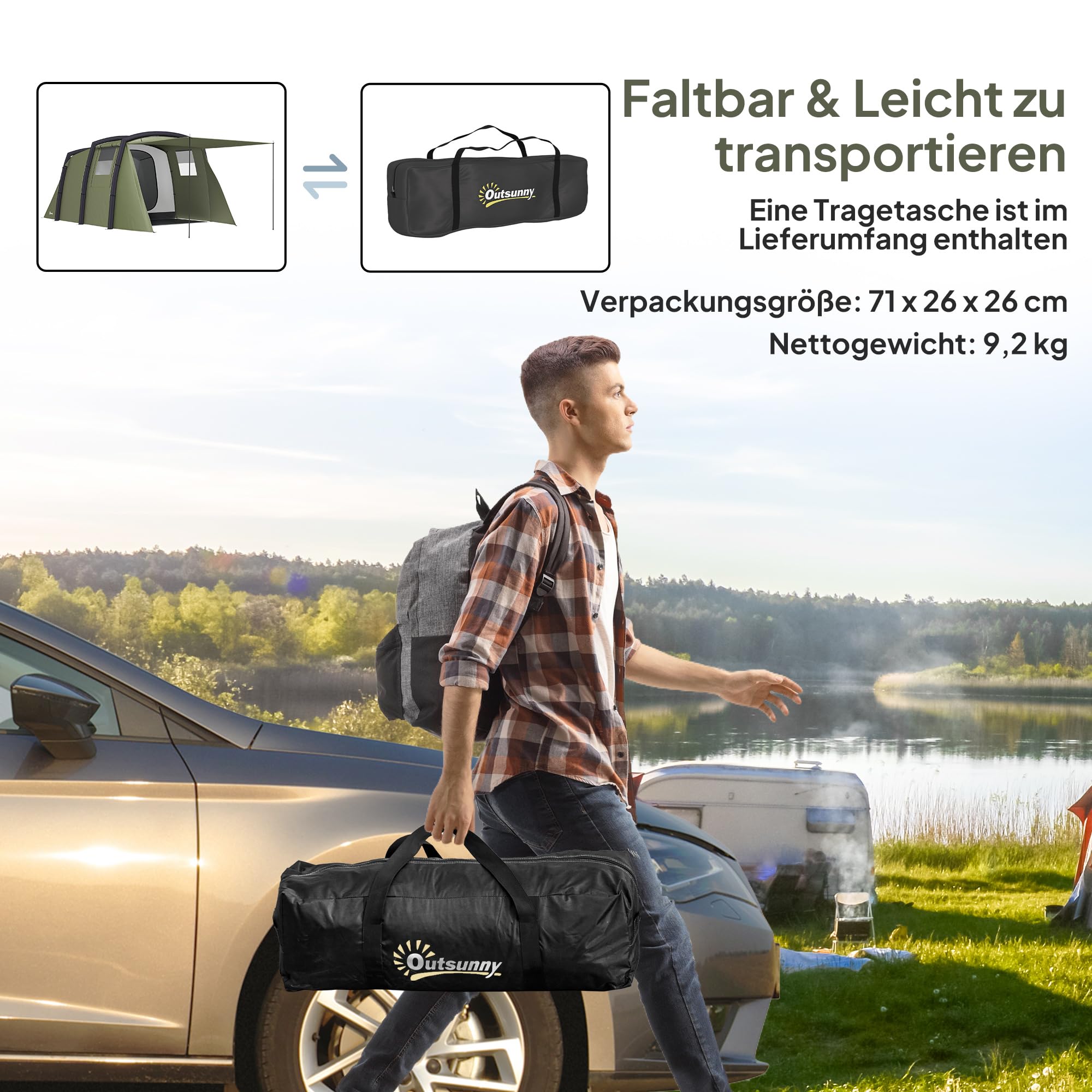 Outsunny Tenda gonfiabile per 3-6 persone - Tenda da campeggio per esterni con pompa ad aria UV50+ Tenda familiare antivento per 3 stagioni
