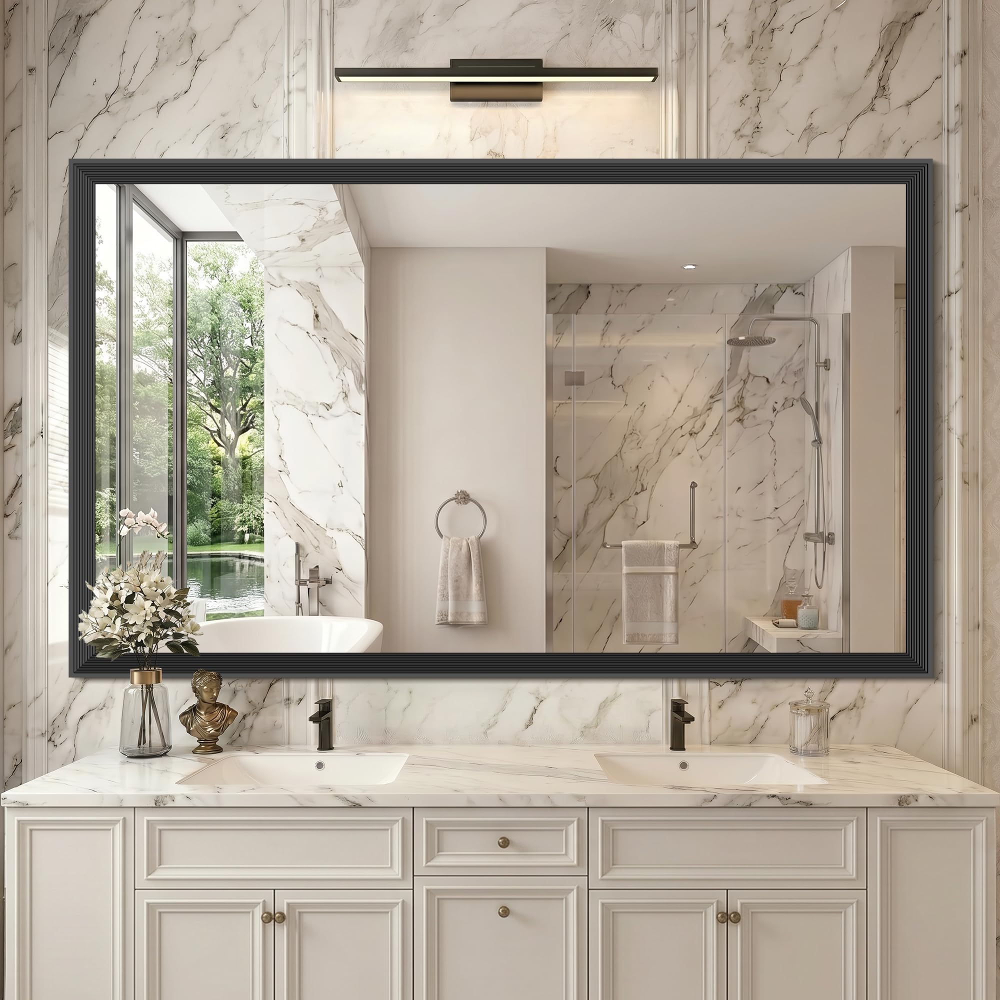 DESBING Large Bathroom Mirror for Over Sink, 60” x 36” Black Rectangle Bathroom Mirrors for Double Vanity, Metal Ribbed Textured Framed Wall Mirror for Bathroom, Living Room, Bedroom,Dressing Room