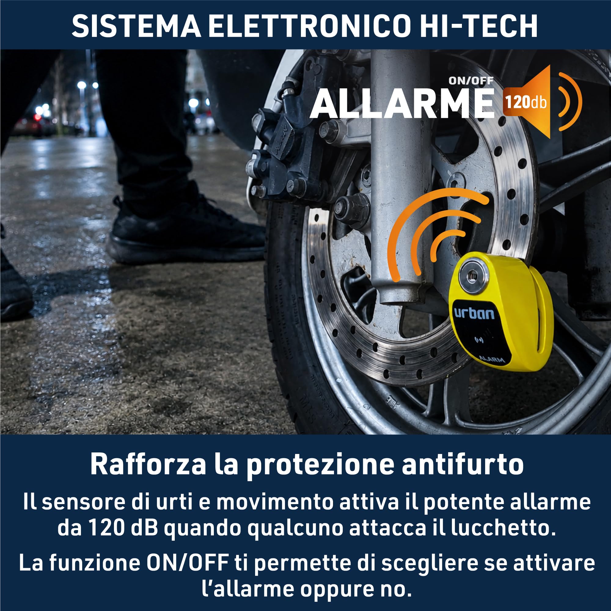 URBAN UR906Y Blocca Disco per Moto con Allarme 120dB Hi-Tech X2 ON, Modulo Impermeabile Sostituibile, Batteria CR2, Cavo Promemoria, Antifurto Bloaccadisco Universale Scooter Biciclette Monopattini