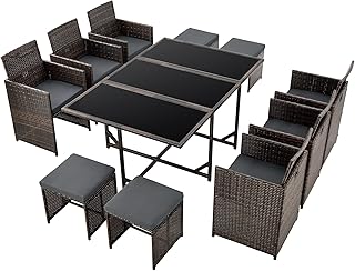 [en.casa] Set Salottino per Uso Esterno Mobili da Giardino/Terrazza Arredo in Polyrattan con Cuscini Set Salvaspazio Composto di Tavolo, Poltrone e Pouf - Marrone a Righe