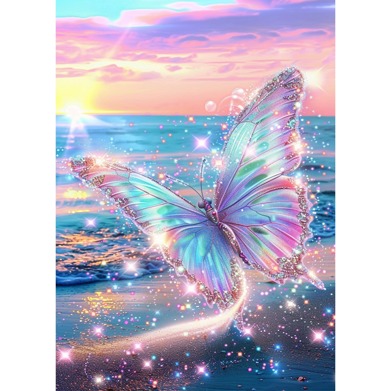 QENSPE Diamond Art Glowing Butterfly Kits Adults 5d Diamond Painting Beach for Beginners Gem Art Full Round Crystal Canvas Painting DIY Crafts Home Wall Decor 12x16 inch Canvas