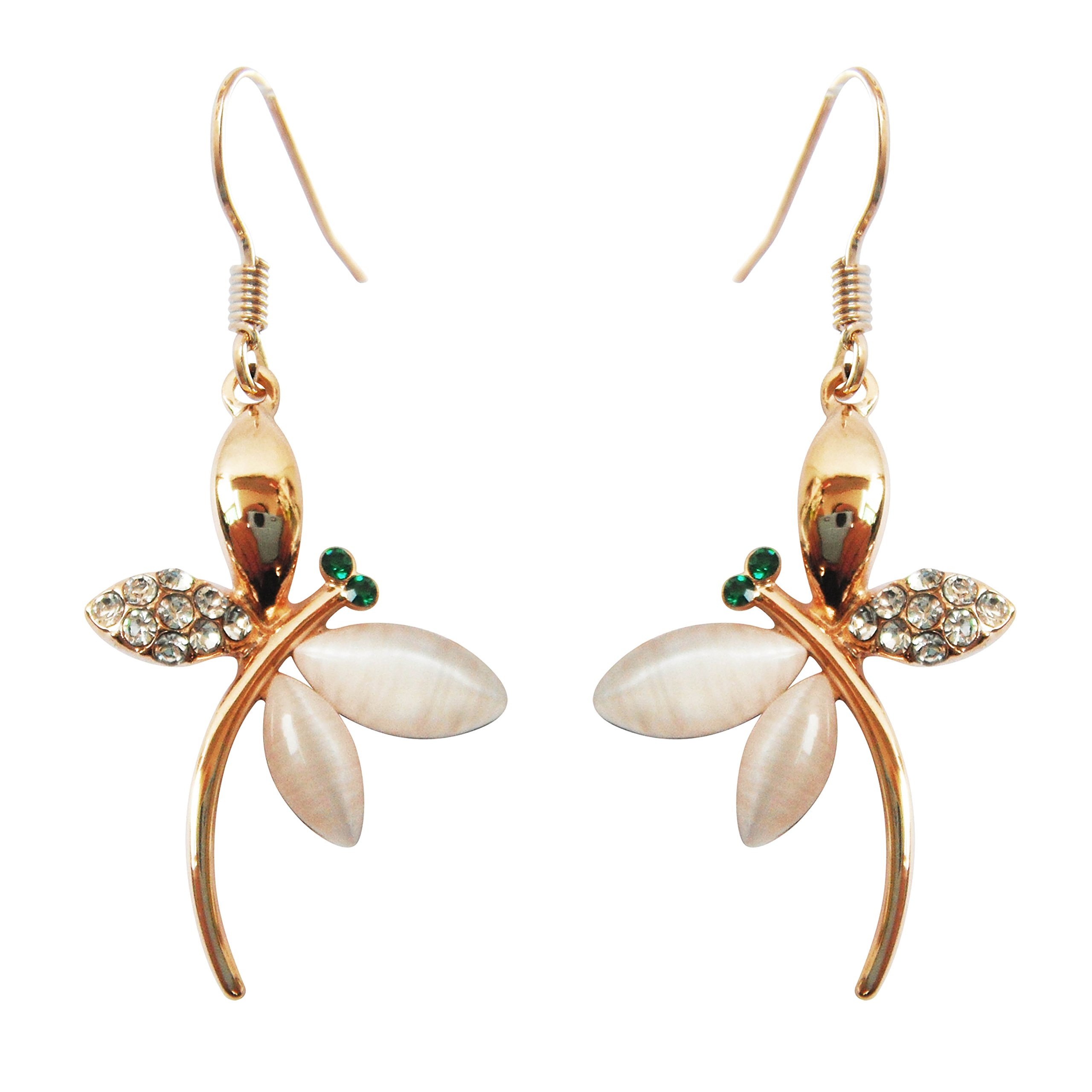 Navachi 18k Gold Plated Multicolor Crystal Created-Opal Dragonfly Dangle Earrings