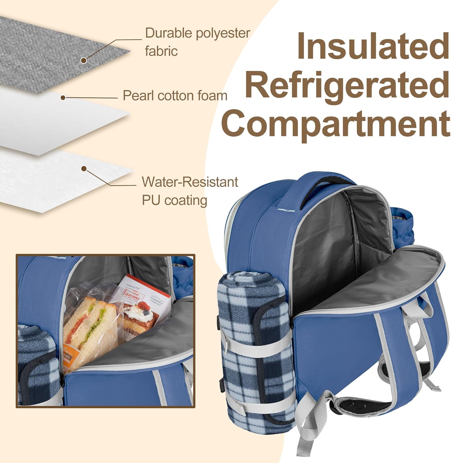 Picnic Backpack for 4 Persons with Insulated Leakproof Cooler Compartment, Cutlery Sets, Wine Holder, Fleece Blanket, Wedding Gifts for Couples, Perfect for Beach, Camping, Hiking, Blue