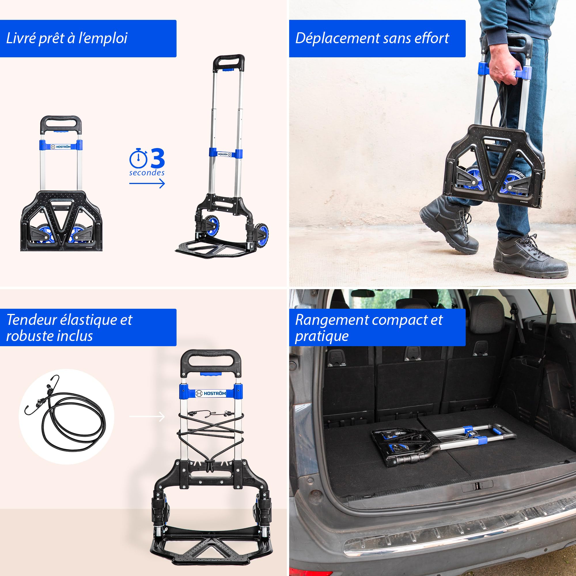HOSTRÖM Diable Pliant en Aluminium, 2 Roues Diable Pliable Demenagement et Transport de matériau, Compact, léger, Charge Max. 60kg, Garantie 5 Ans