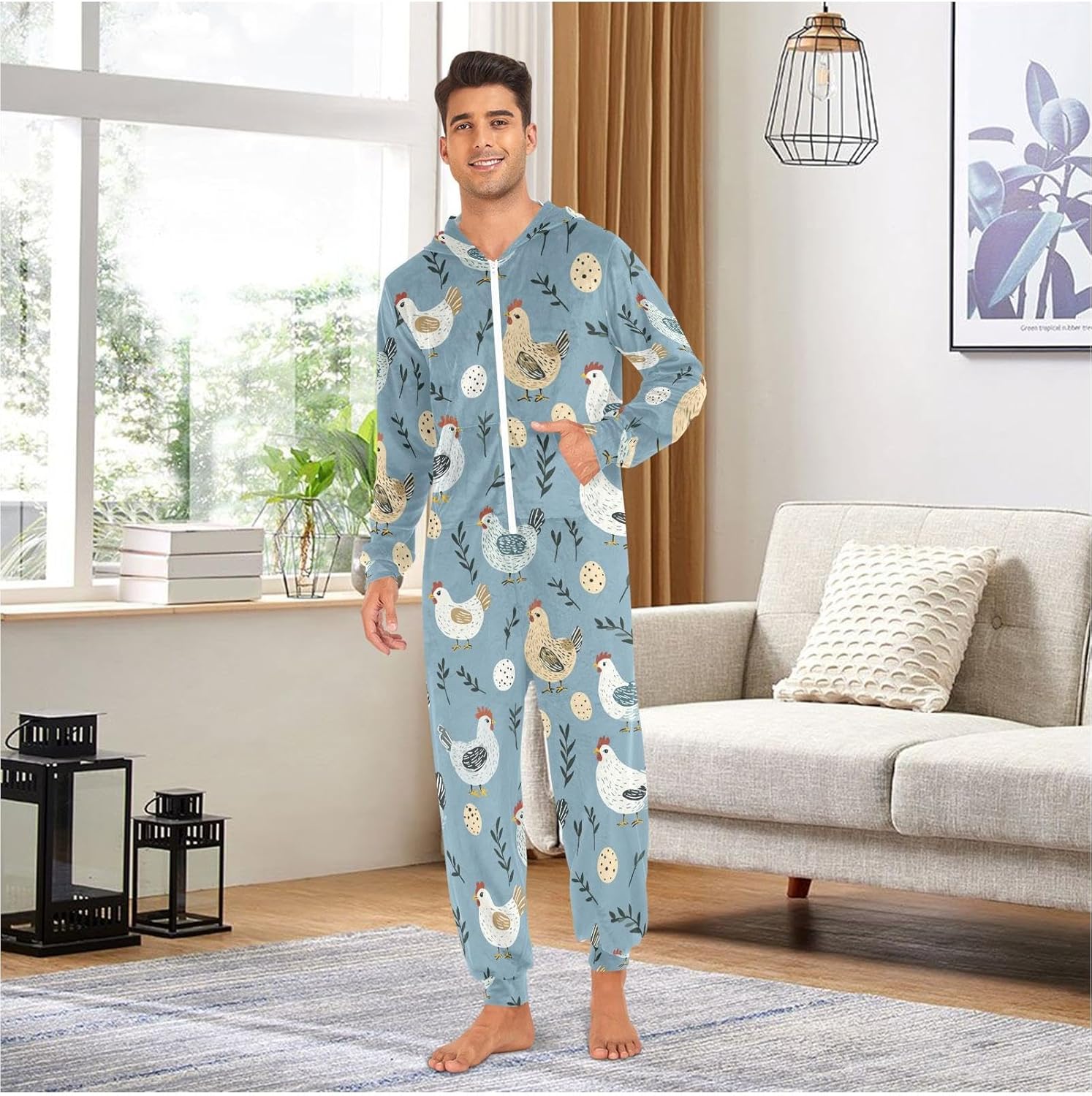 ZZKKO Blue Farm Hens Eggs Adult Onesie Pajamas for Women Men Cozy One Piece Pajamas Costume Zip-Up Hooded S-XL