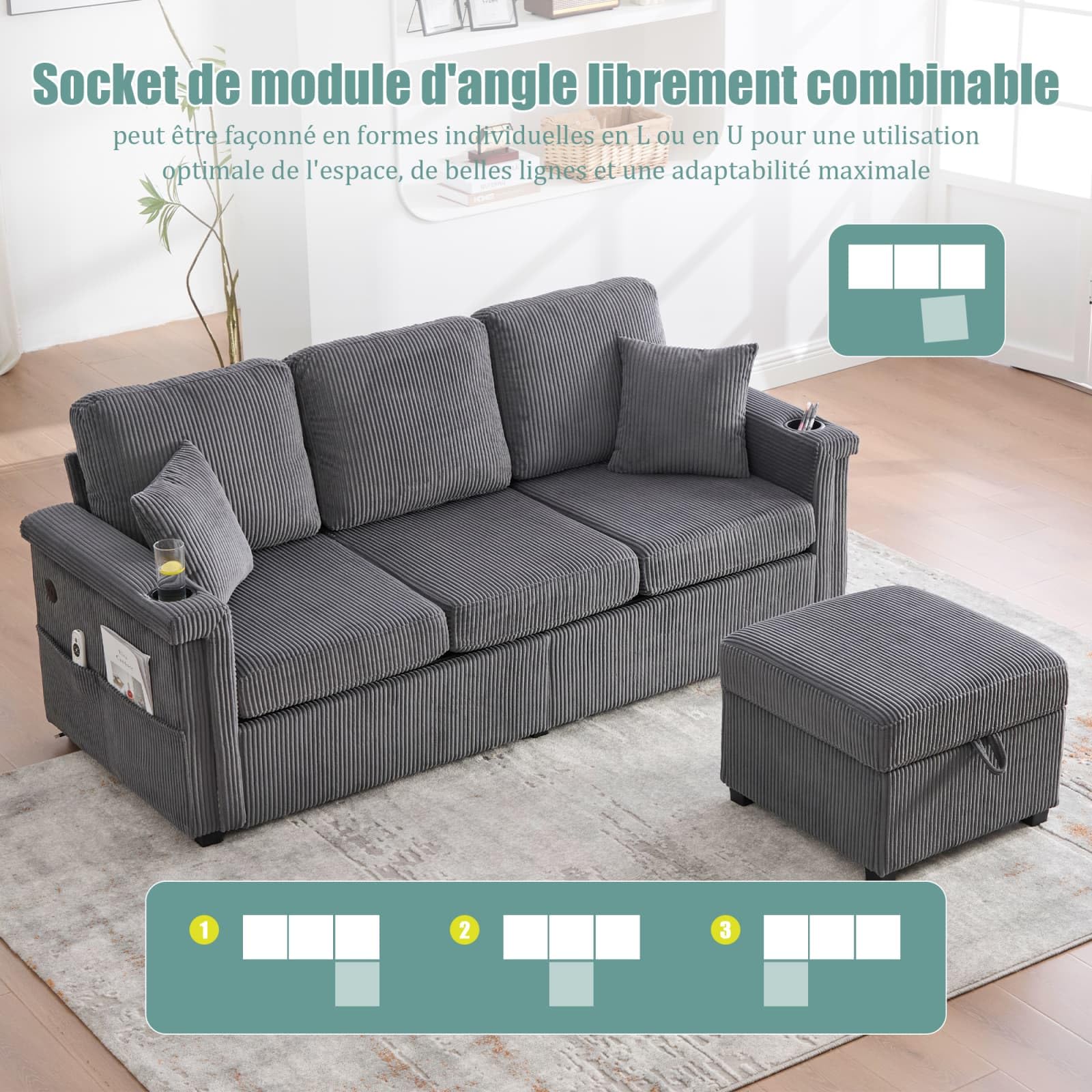 KOMHTOM Canapé 3 Places en L avec 2 Ttiroirs, Tabouret de Rangement, Lampe LED, Port USB/Type-C et Cadre en Bois - Canapé Velours Côtelé Multifonctionnel (Gris foncé, B)