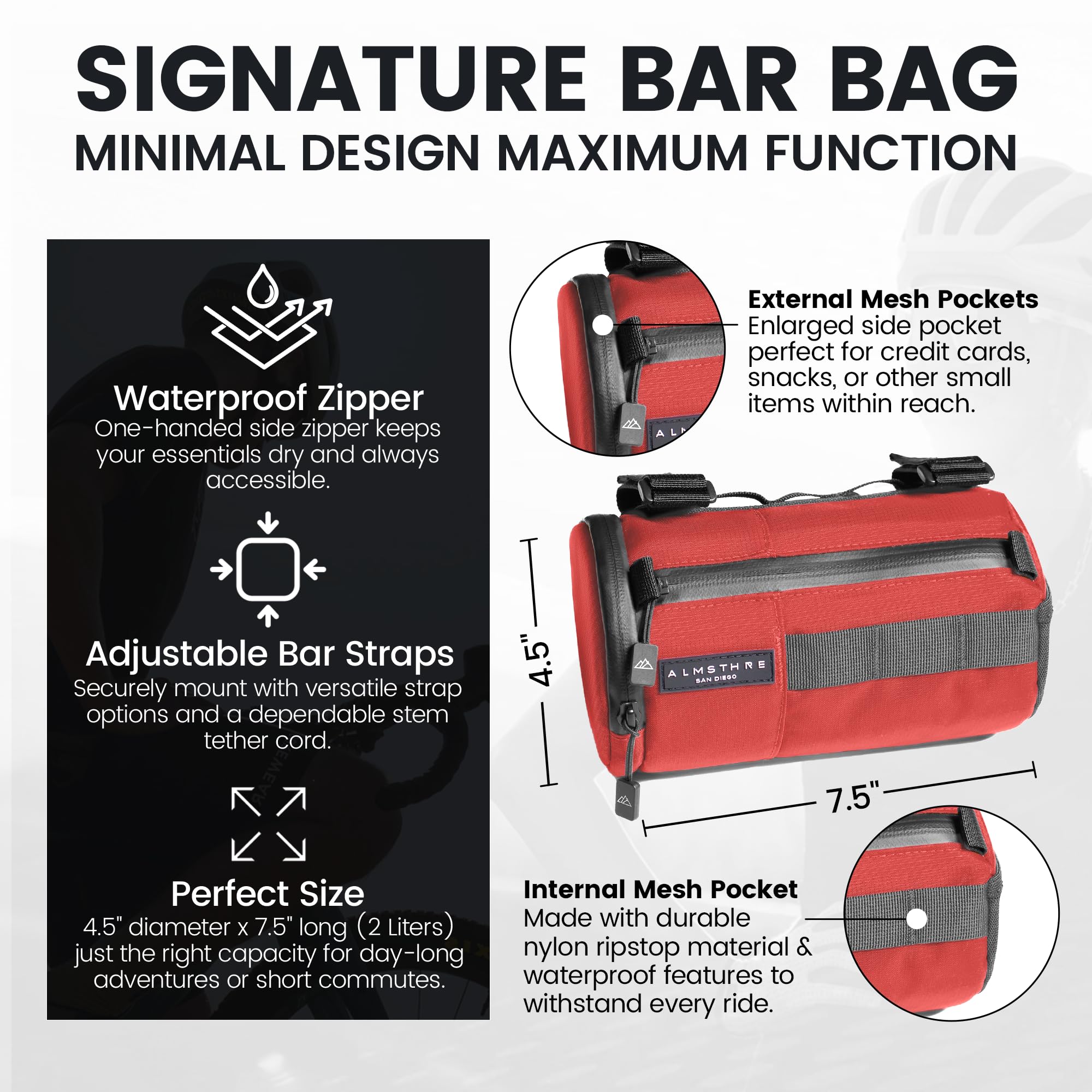ALMSTHRE Signature - Bolsa para Manillar de Bicicleta, Color Rojo óxido, rígida, con Cremalleras Impermeables y Correas Ajustables, Bolsa Ligera para Manillar de Bicicleta, Compatible con Bicicletas