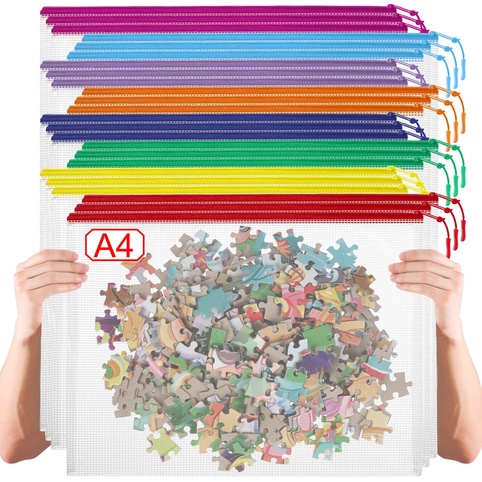 Photo 1 of 24 Pack 8 Color A4 Mesh zipper pouch bags, Storage Bags, File Bags for Classroom Organization, Zipper Pouches of office supplies, Puzzles, Board Game Storage