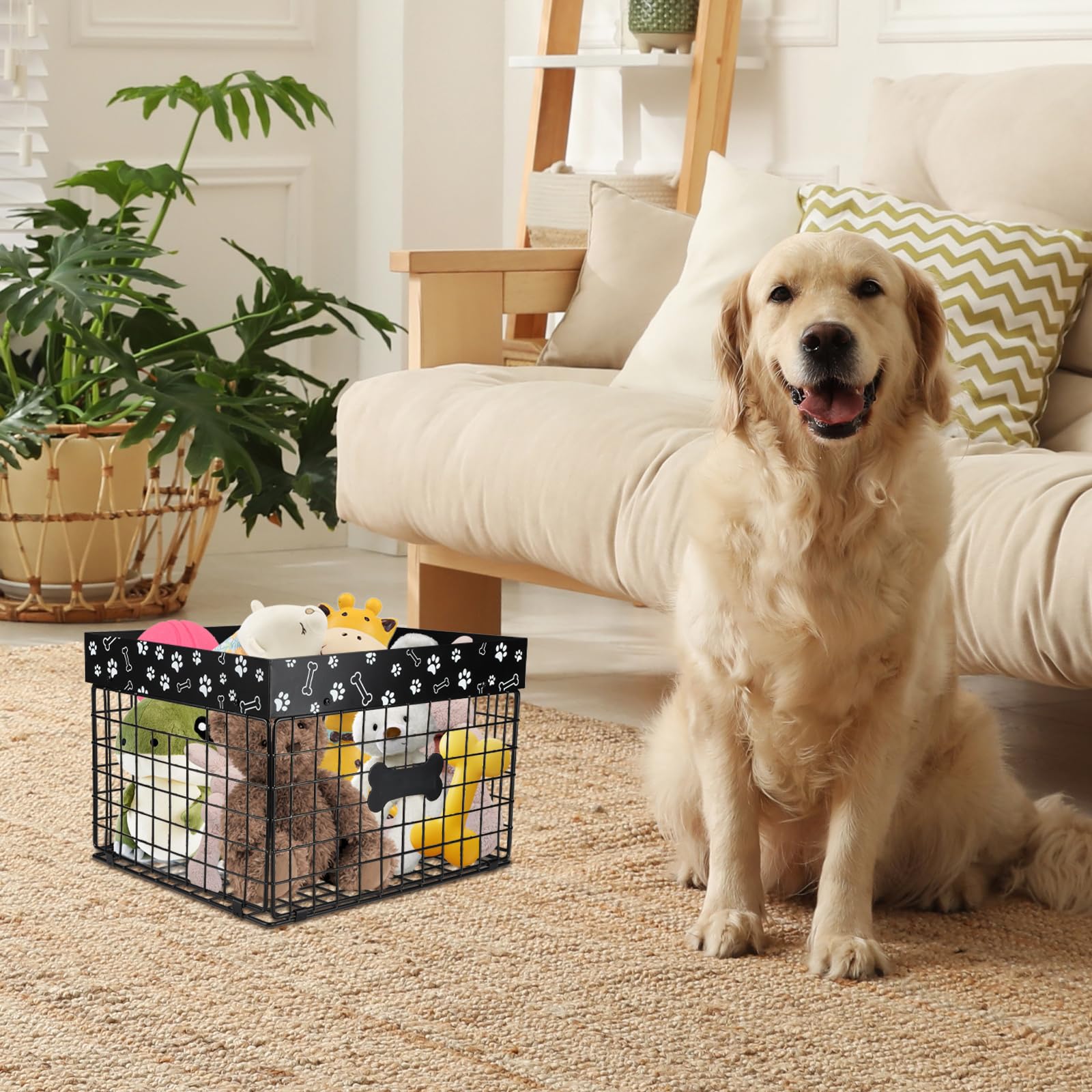 Lolytama Indestructible Dog Toy Bin, Metal Dog Toy Basket, Pet wire folding basket, Dog Toy Storage Personalized Large Dog Toy Basket, Chew-Proof Pet Supplies Holder for Living Room, Black