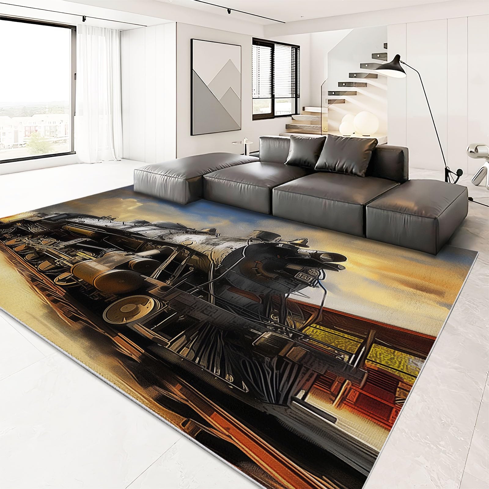 Style Peinture l'huile Tapis Lavable en Machine 160x230 cm Moquette Vieux Train Vapeur Poils Courts Doux, Tapis Intérieur Antidérapant Résistant pour Salon Chambre Chambre d'enfant et Entrée