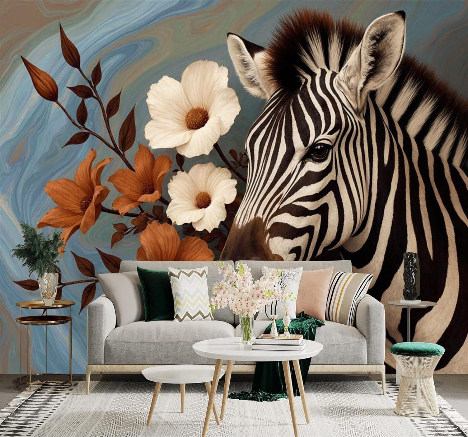 Xlming 150Cm×105Cm(B×H) Abstract Blue Zebra Brown White Flowers 3D Wallpaper Silky Texture Home Study Office Grey Dining Room Sofa Bedroom Living Room Tv Backdrop-150Cm×105Cm