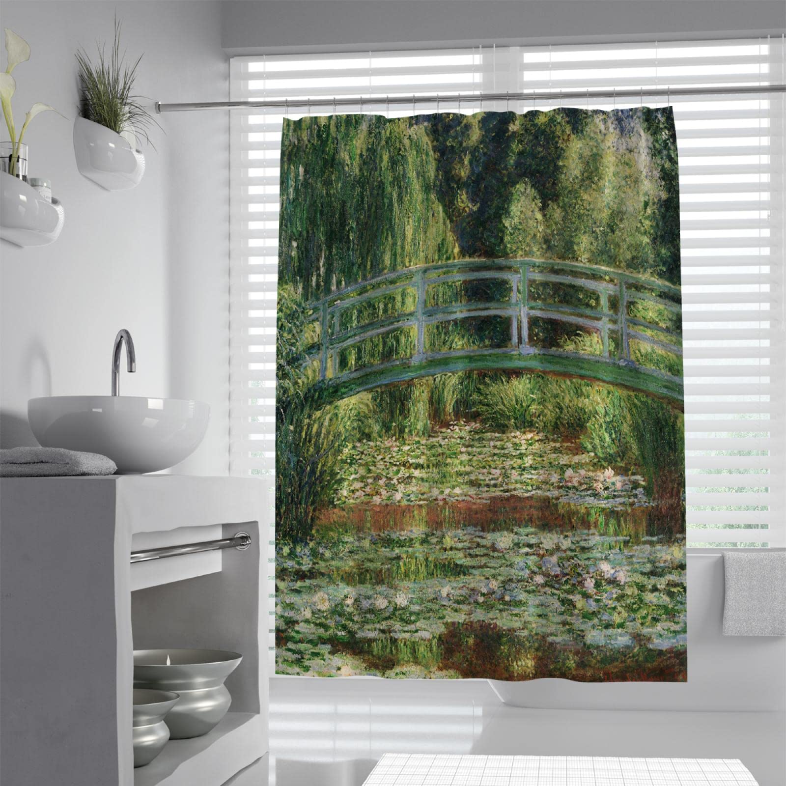 SHUODAOCO Natural Plant Landscape Stall Shower Curtain Monet Japanese Bridge Shower Curtain Pond Water Lily Fabric Shower Curtain Liner with Hooks