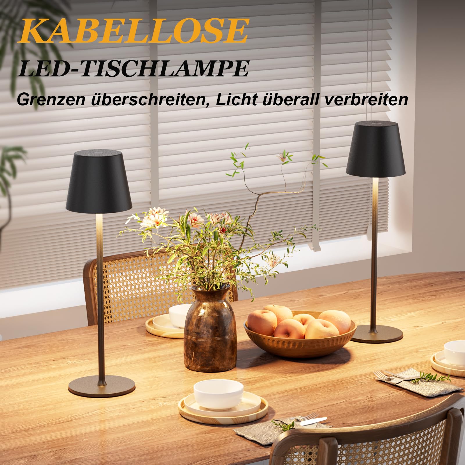 Tischlampe Kabellos 2er Set, Akku LED Tischleuchte, Nachttischlampe Touch Dimmbar mit 3 Farbtemperatur, Tischlampe mit USB-C Aufladbar für Outdoor Nachttisch Esstisch Camping(Schwarz)