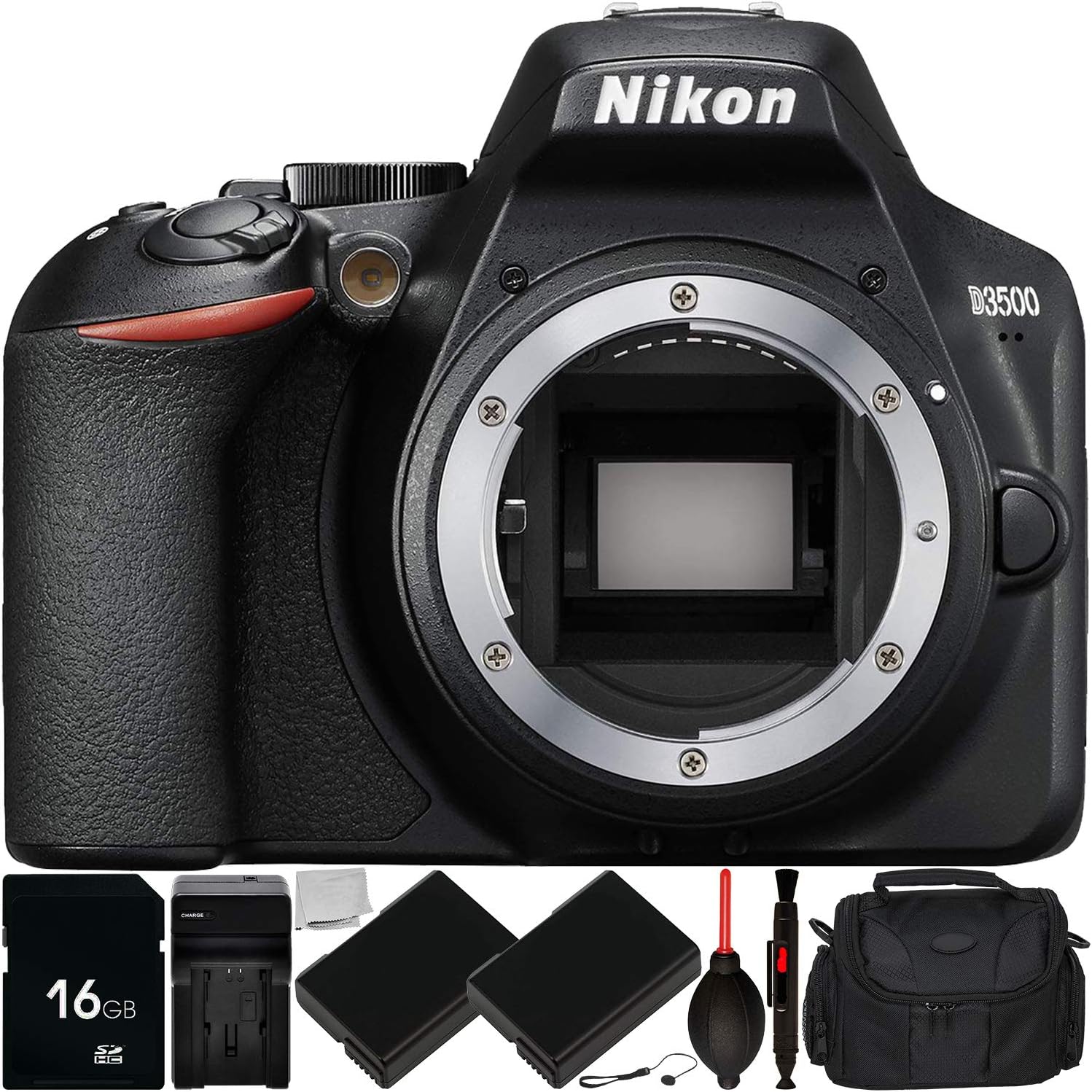 Nikon D3500 DSLR Camera (Body Only) with 9PC Accessory Bundle – Includes 16GB SD Memory Card + 2X Replacement Battery (EN-EL14) + AC/DC Rapid Home & Travel Charger + More (Renewed)