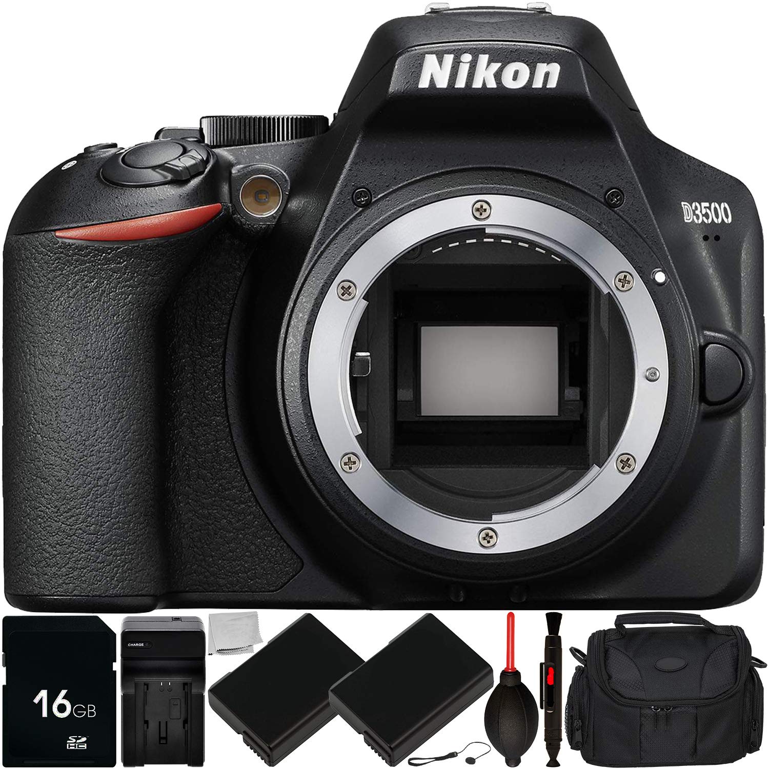 Nikon D3500 DSLR Camera (Body Only) with 9PC Accessory Bundle – Includes 16GB SD Memory Card + 2X Replacement Battery (EN-EL14) + AC/DC Rapid Home & Travel Charger + More (Renewed)