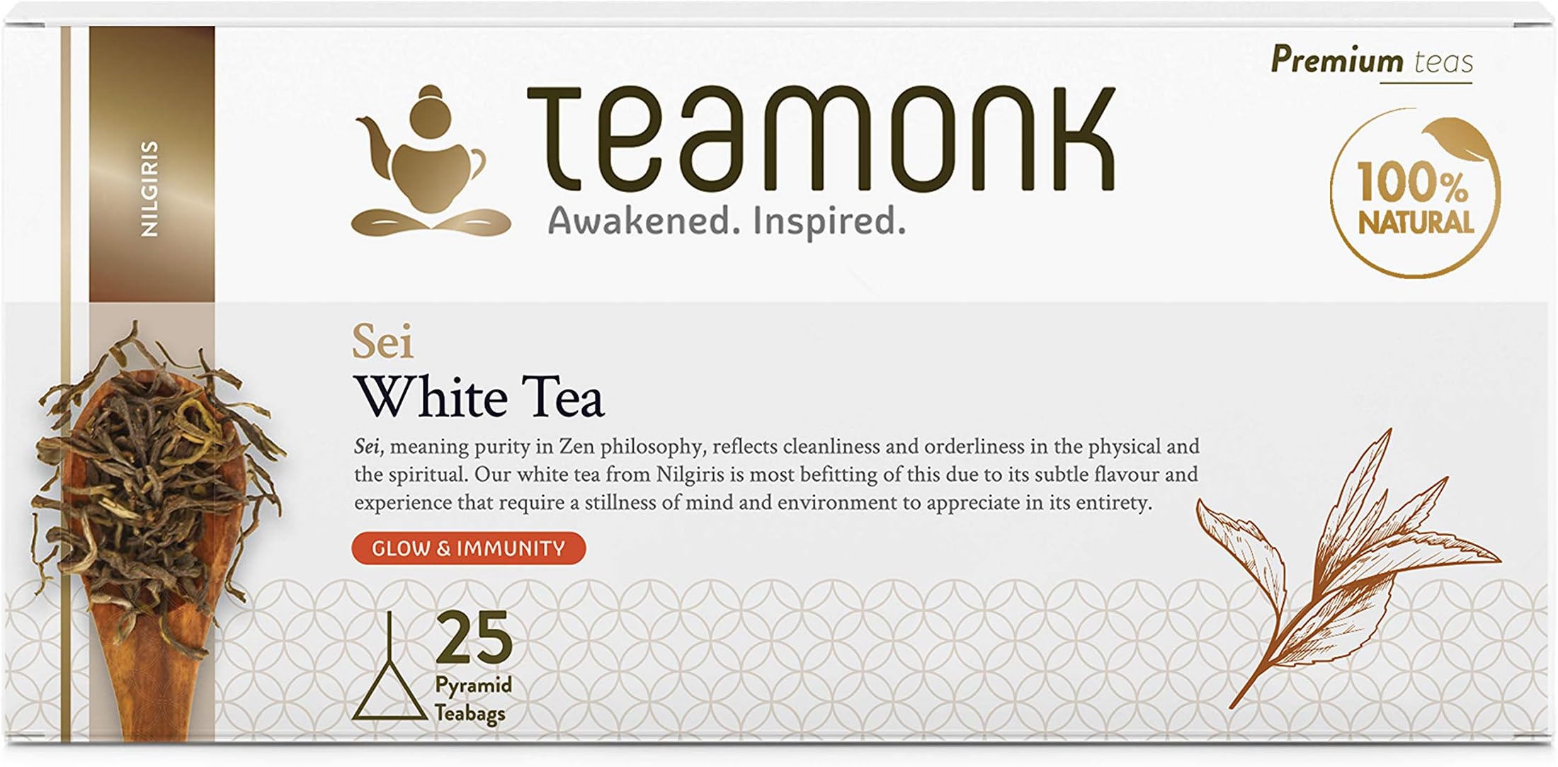 Teamonk Sei Nilgiri High Mountain White Tea Bag Pack - Box of 25 Biodegradable Pyramid Tea Bags with Whole Leaves for a perfect cup of Tea. Antioxidant Rich, Best for Skin Glow and as Immunity Booster