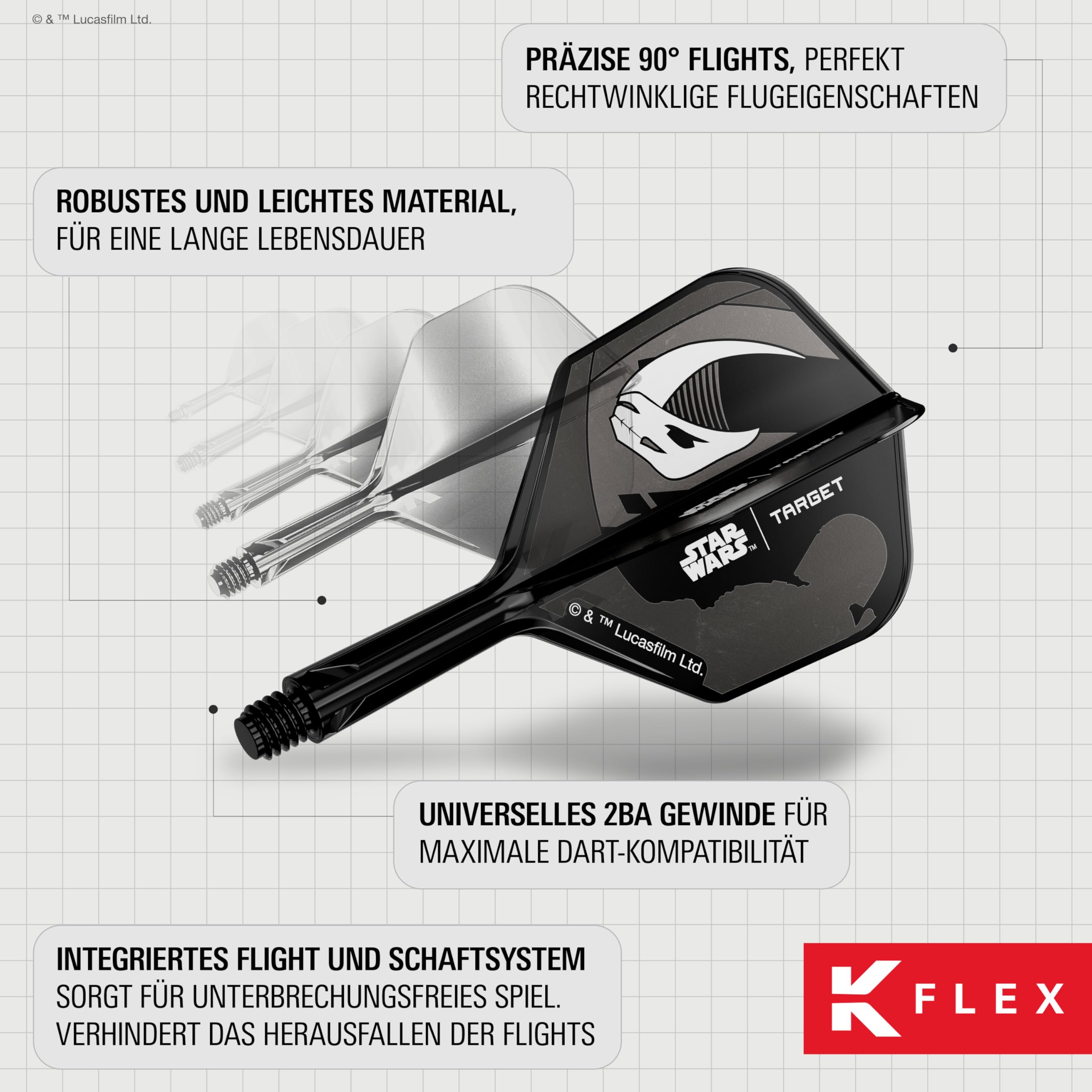 Target Darts Star Wars Mandalorian K-Flex integrierte Dart Flights & Shafts | Von Charakteren inspiriertes 3er-K-Flex-Set, No.2 & No.6 | Disney K-Flex Zubehör in Short, Intermediate & Medium