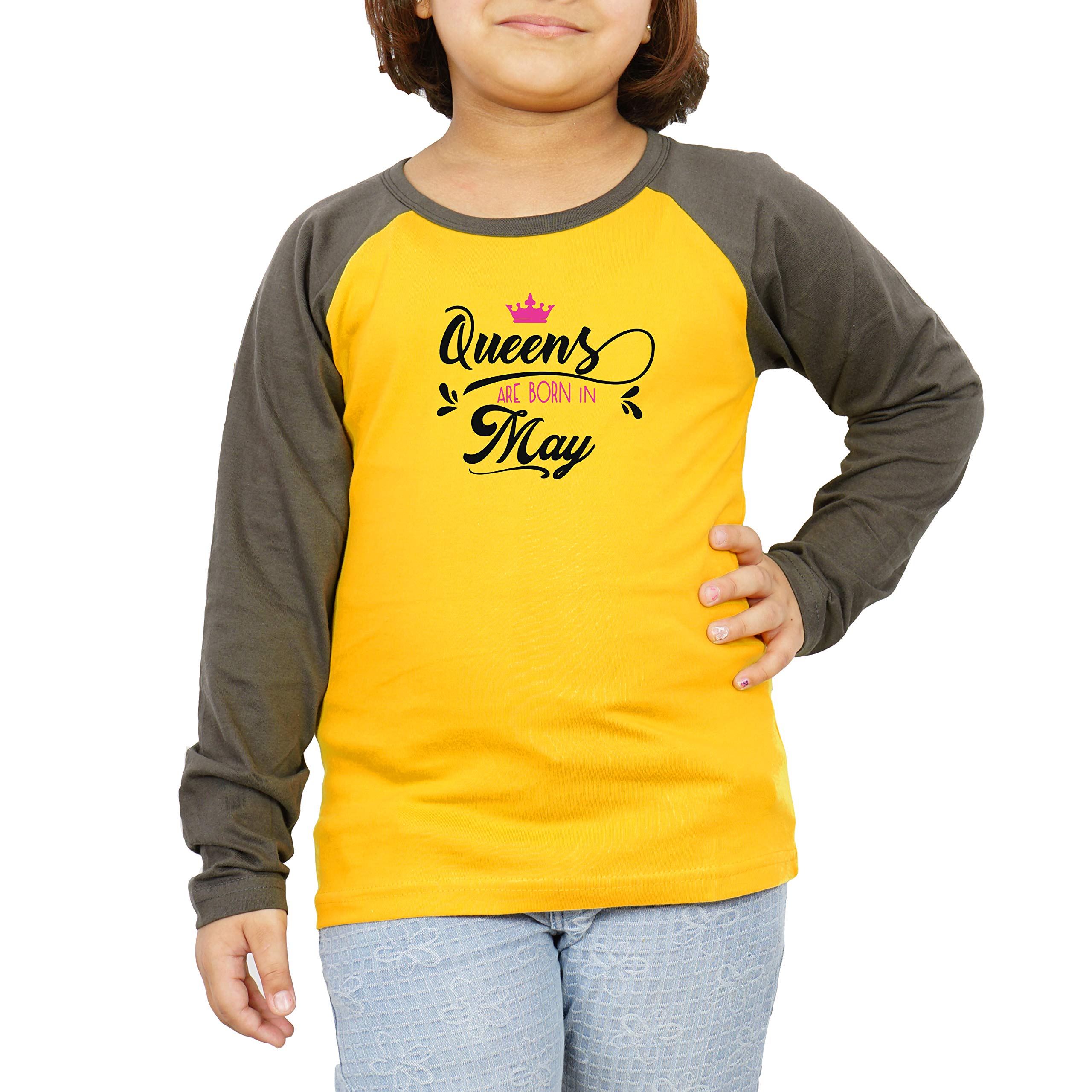 FADE COLLECTION - Queens are Born in May Full Sleeves Cotton Birthday Gift Girls T-Shirt (3-4 Years, Yellow - Military Green)