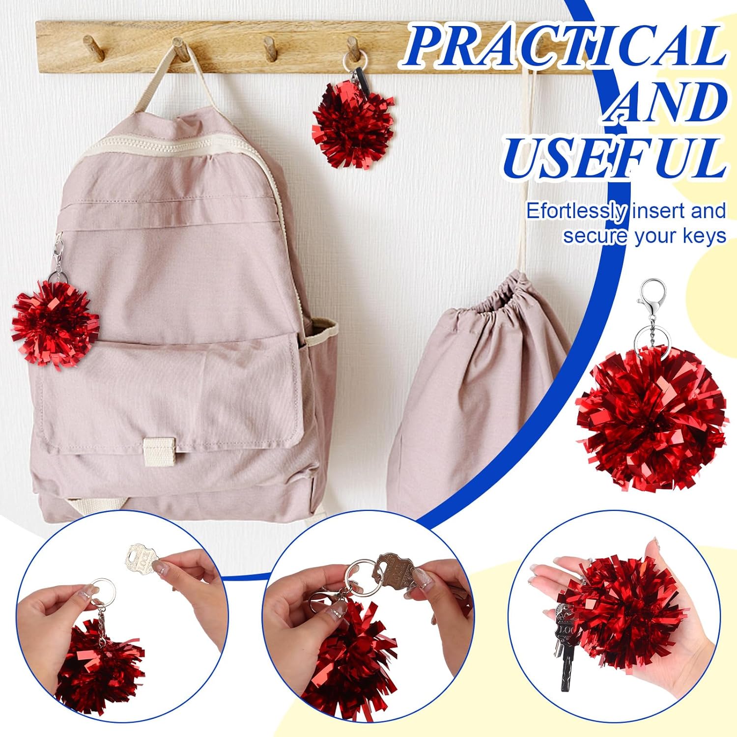 24 Pcs Cheer Pom Pom Keychain Cheering Keyring Plastic Pom Poms for Cheerleading Keyring Cheer Dance Foil Keychains Bulk with Hook for Girls Women Cheer Bag Jewelry Accessories Cheer Camp Gifts - Image 4