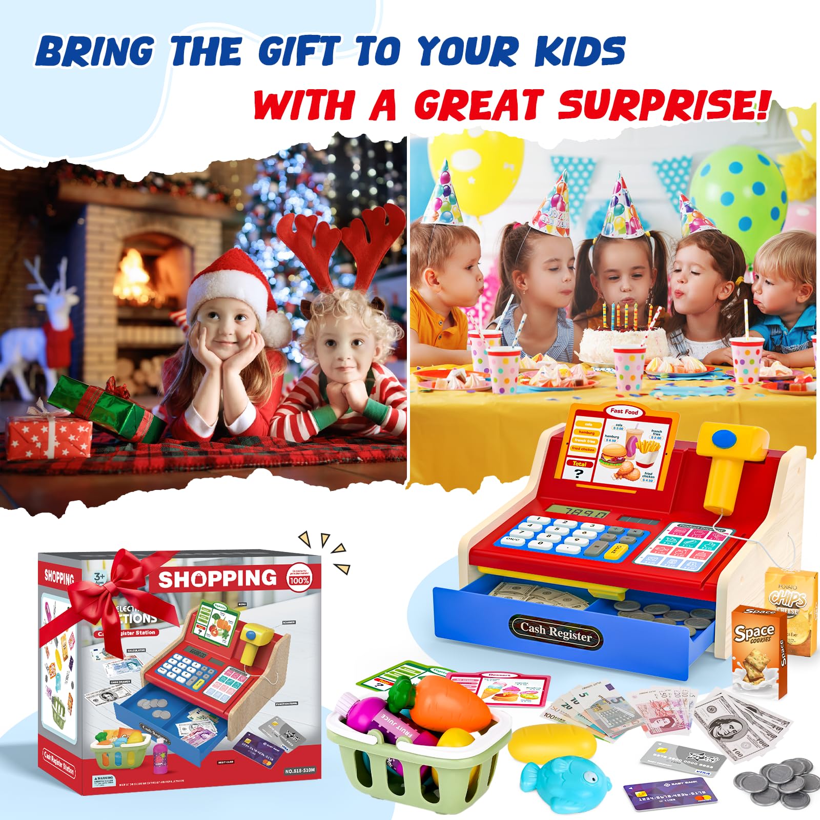 maysida Cassa Giocattolo in Legno con Scanner e Suoni per Bambini 3-5 Anni, Set Negozio con Monete, Carte, Carrello e Cibo Natale o Compleanno (Rosso)
