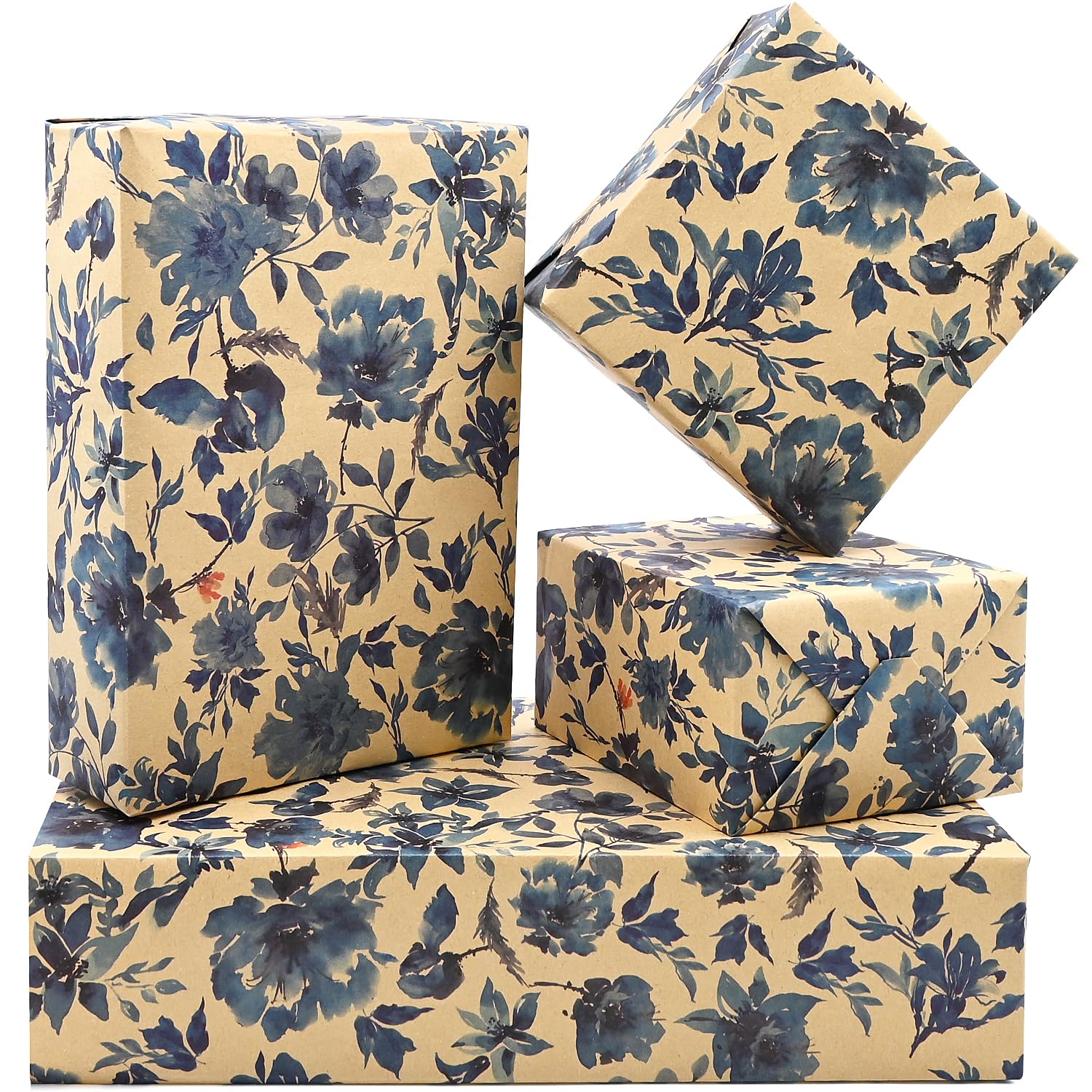 Birthday Wrapping Paper, Gift Wrapping Paper Designed with Blue Flower, 100% Recyclable ECO Floral Wrapping Paper for Birthday,Party and Baby ShowerοΌ5 sheetsοΌ