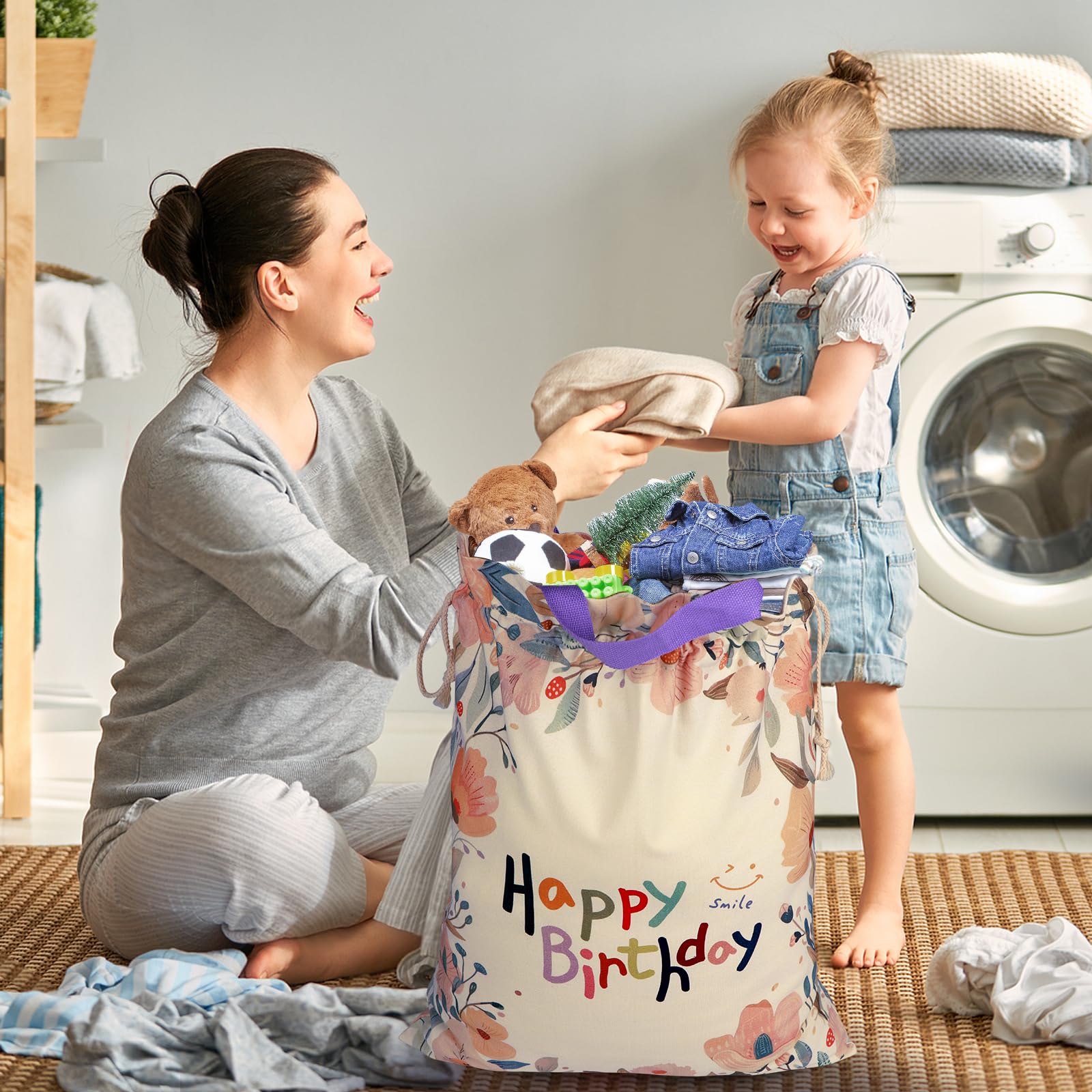 silenwest Large Birthday Gift Bag with Handles, 24"x 20", Premium Canvas Drawstring Bags, Reusable Gift Bag for Boys Girls Men Women Birthday (Wildflower)