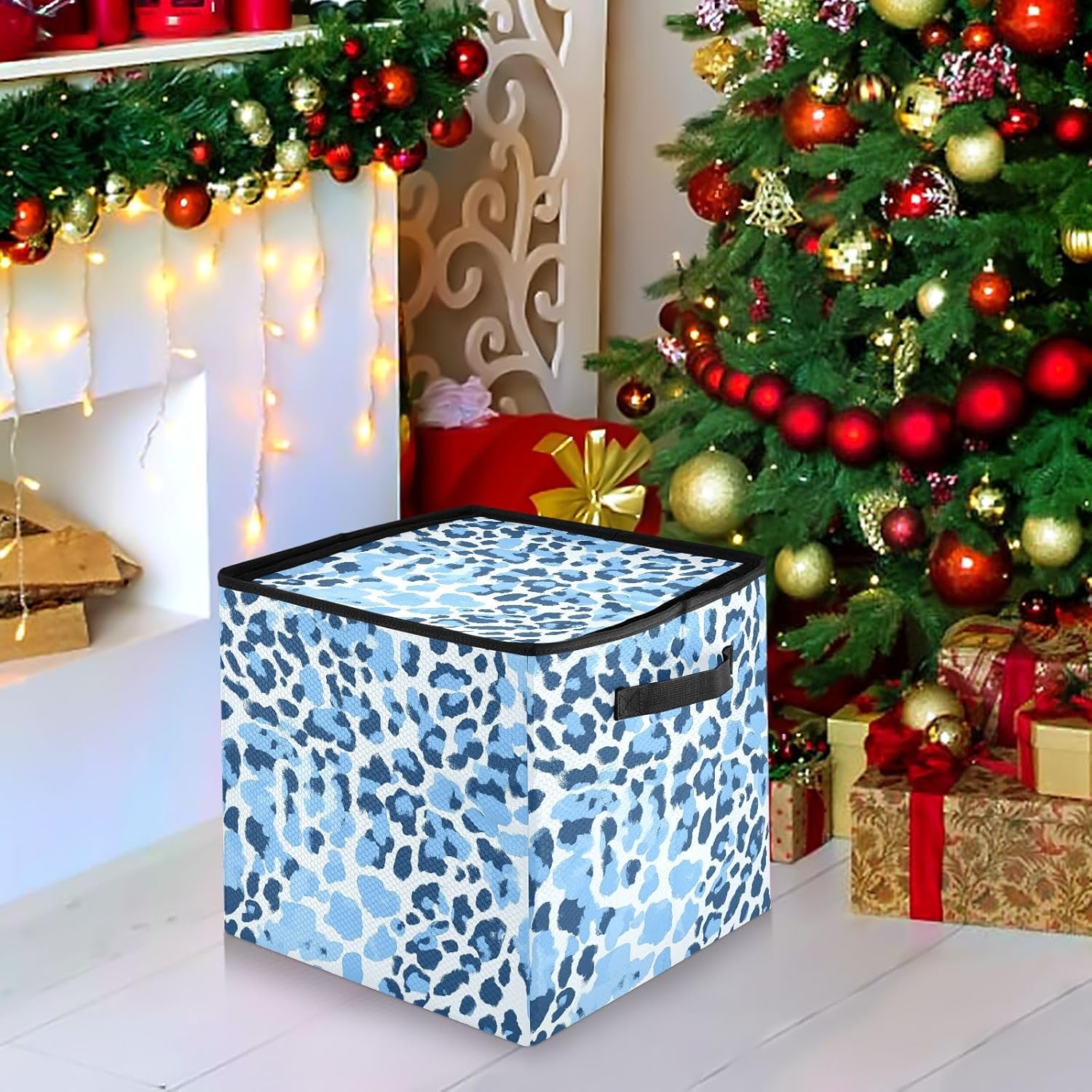 High Capacity Christmas ornament storage containers Holds Up to 64, Adjustable Dividers, Zippered Top, Two Handles sturdy Holiday Storage Case with Lid,Blue Summer Leopard Print