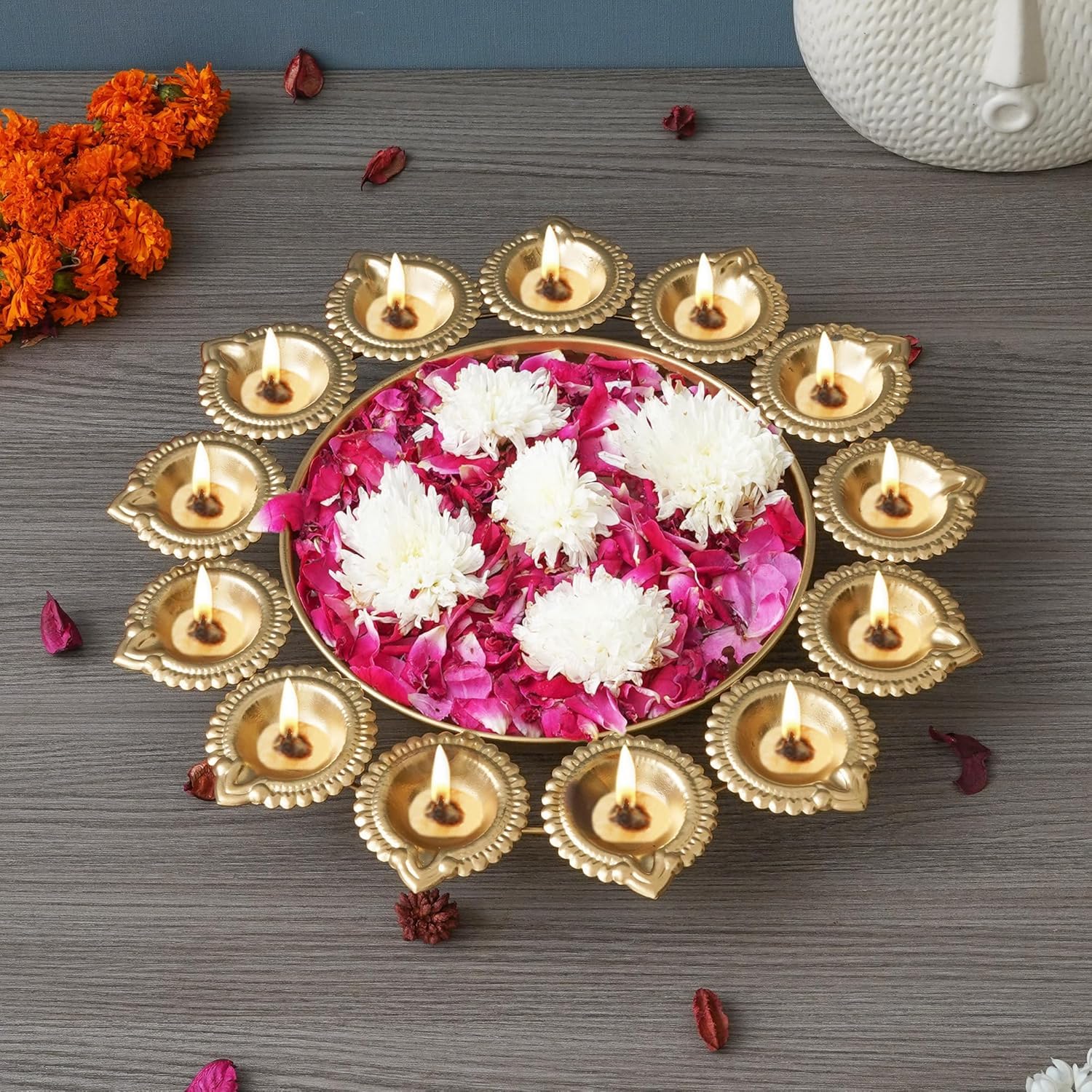 eCraftIndia Golden Metal Handcrafted Flower Decorative Urli with 13 Diyas - Urli Bowl for Home Decor - Diya Urli for Floating Flowers & Tea Light Candles - Diwali Decoration Items for Home Decor (B0CK2M6C89) Amazon Price History, Amazon Price Tracker