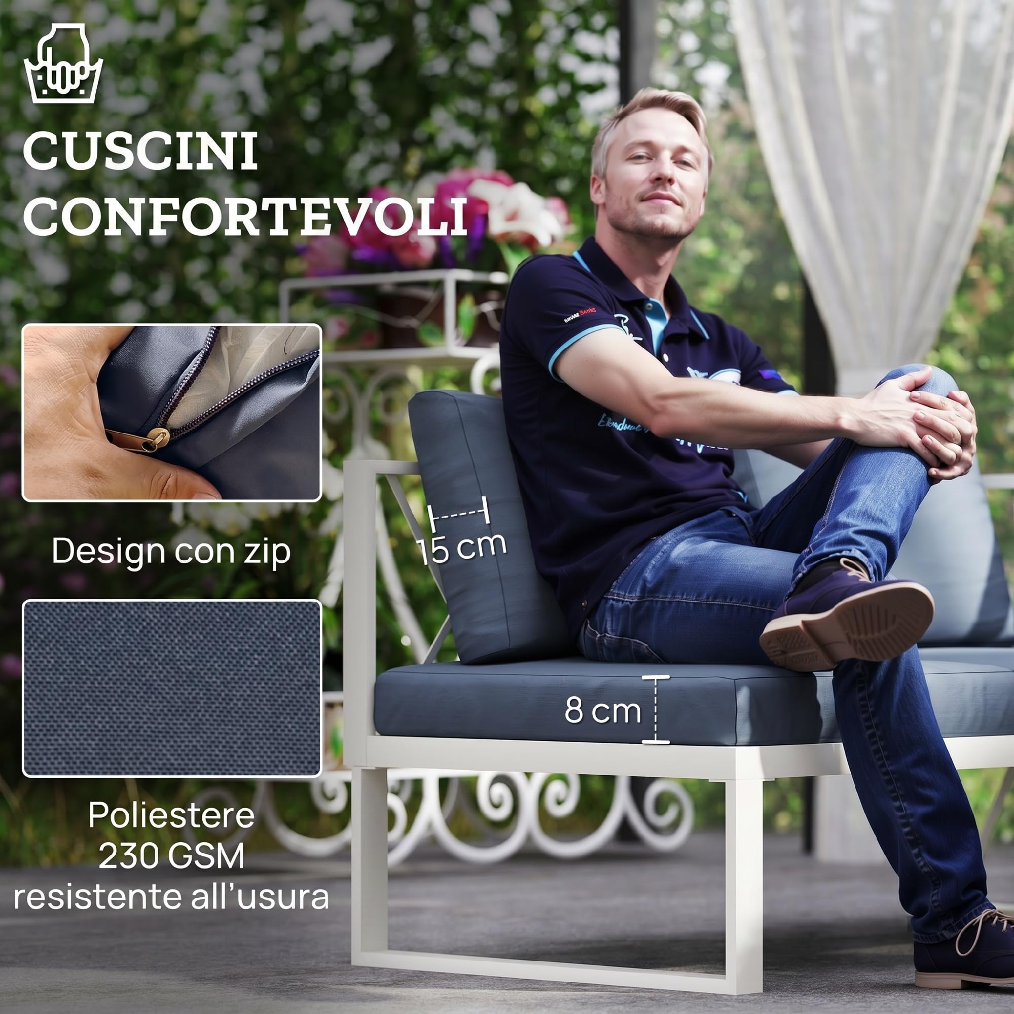Outsunny Set di Mobili da Giardino 4 Pezzi, Salotto da Esterno Angolare con 2 Divano a 2 Posti, Poltrona Reclinabile a 5 Livelli, Tavolino da Caffè in DPC e Cuscini Lavabili, in Acciaio, Grigio