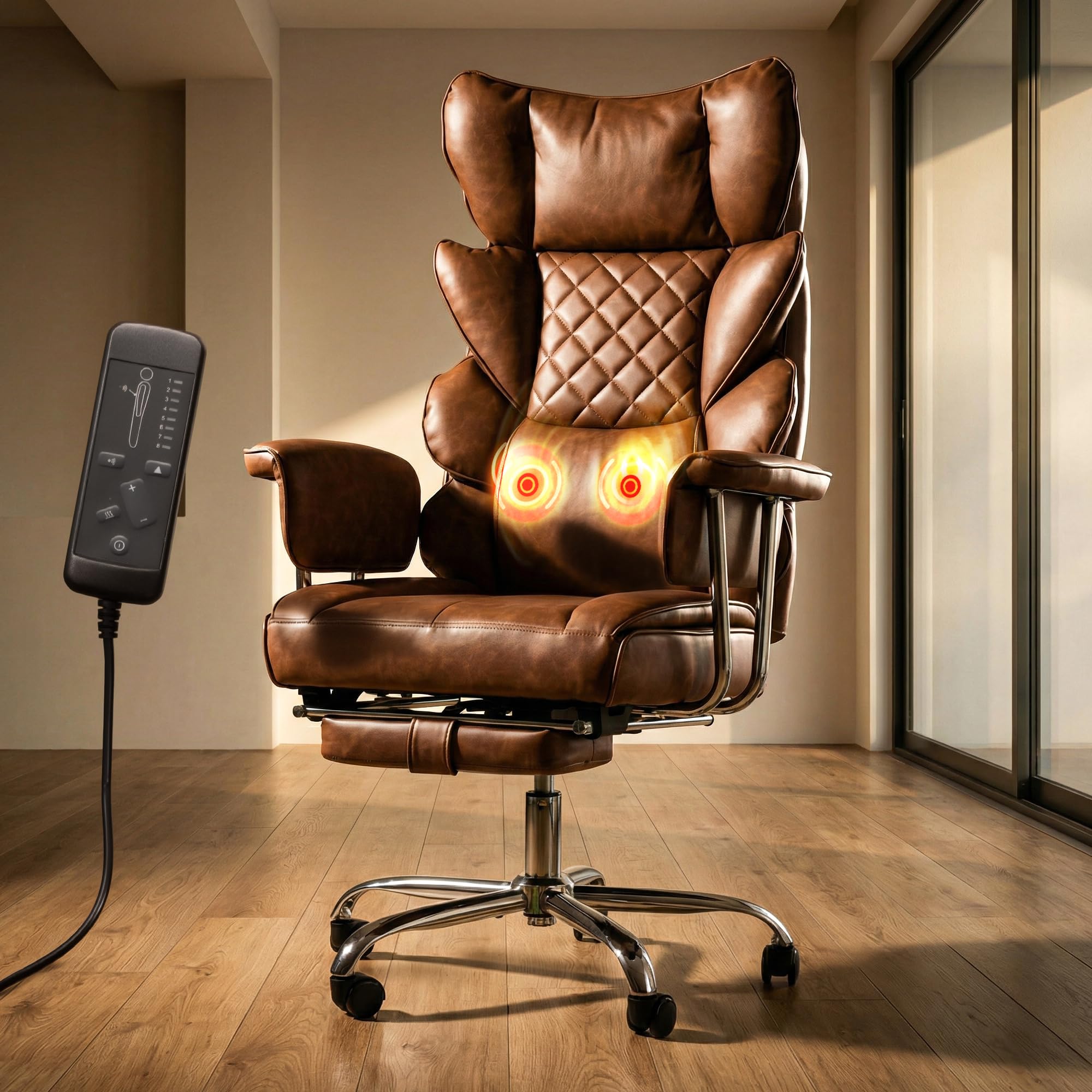 DROGO Monarch-X Massage Office Chair with Vibration & Heat | Big and Tall Ergonomic Executive Computer Chair with PU Leather & 150Reclining | Gaming Chair with Spacious Cushion Seat & Footrest(Brown)