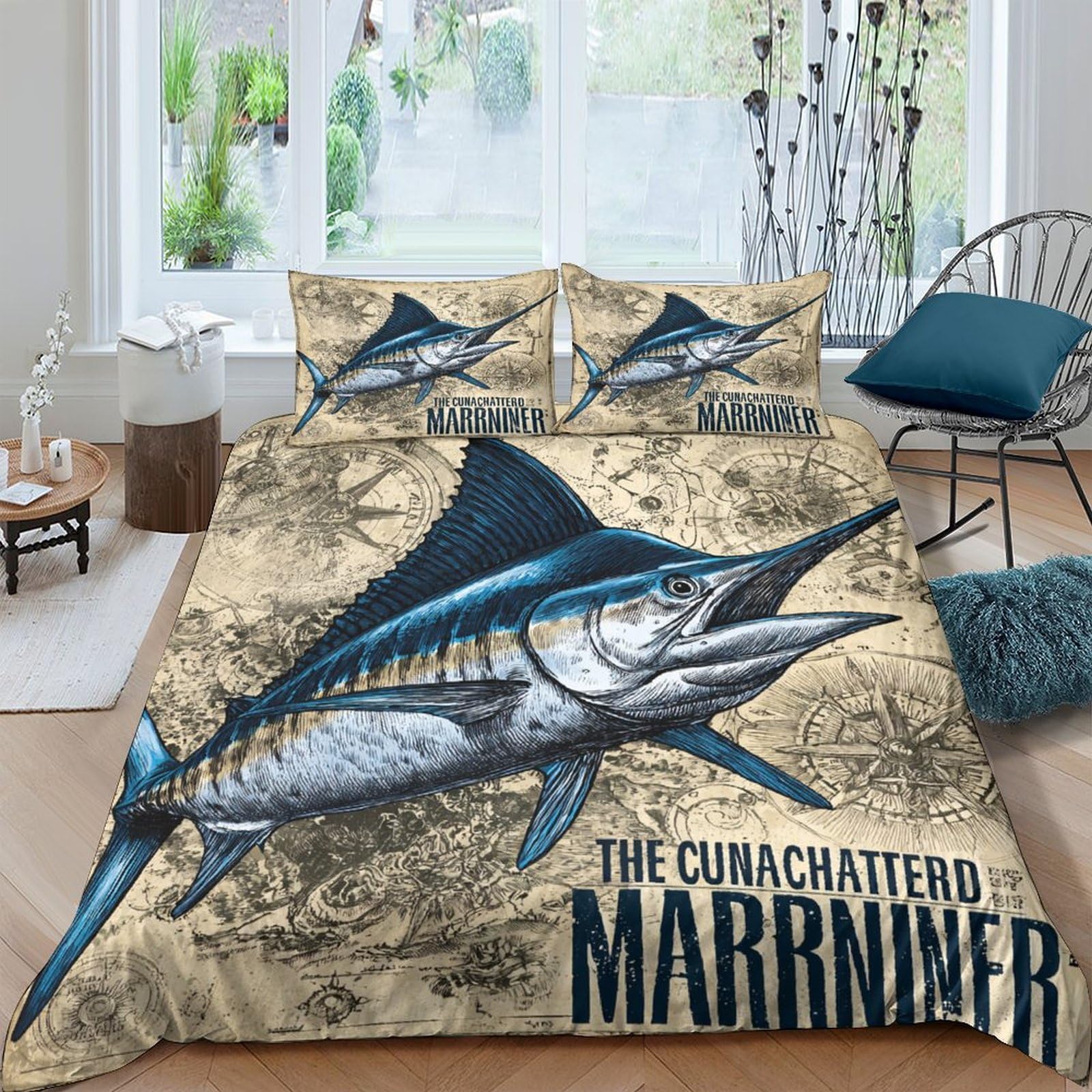 GPLZQXKJNH 3D Printed Marlin Ocean Map Duvet Cover Set Microfiber Breathable Soft with 2 Pillowcases for Bedroom Decor Single（135x200cm）