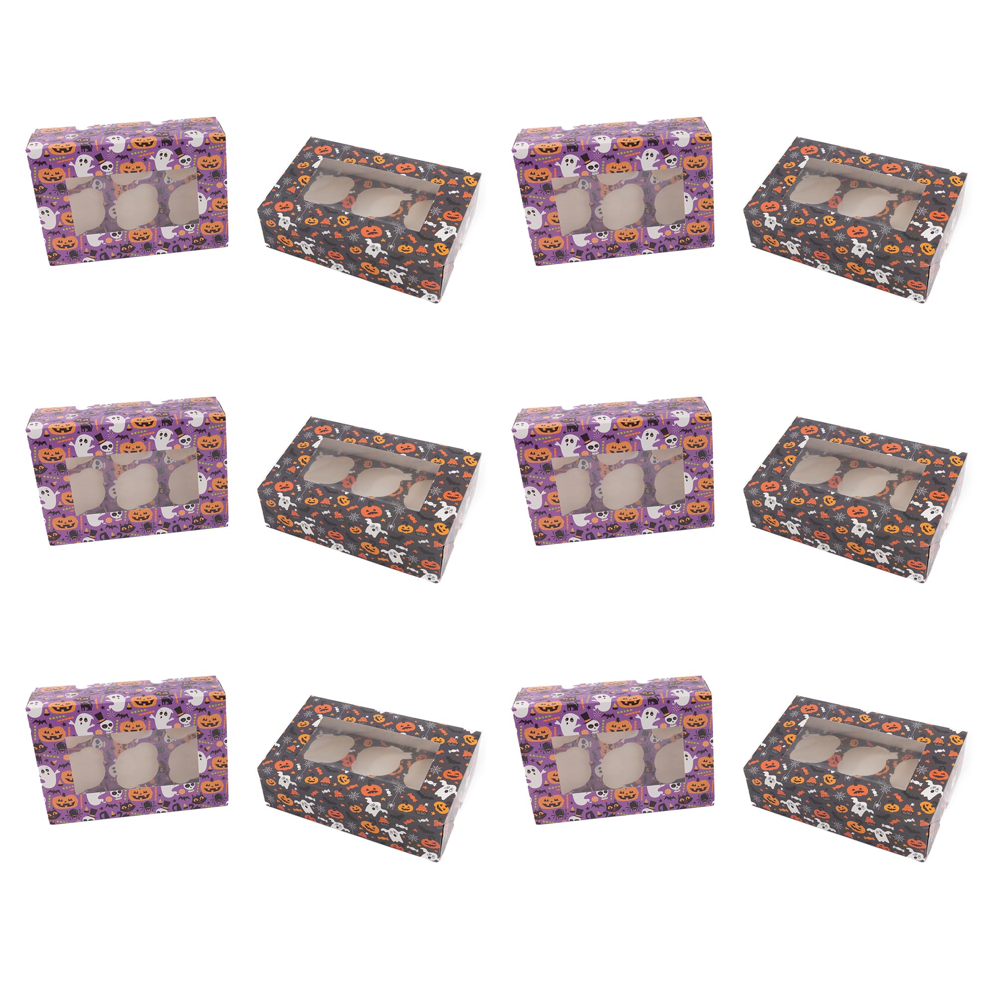 evelay Halloween Cupcake Boxes - Holds 6 Standard Cupcakes - Mixed Spooky Designs with Window & Inserts for Treats, Sweets and Chocolates (Pack of 12)