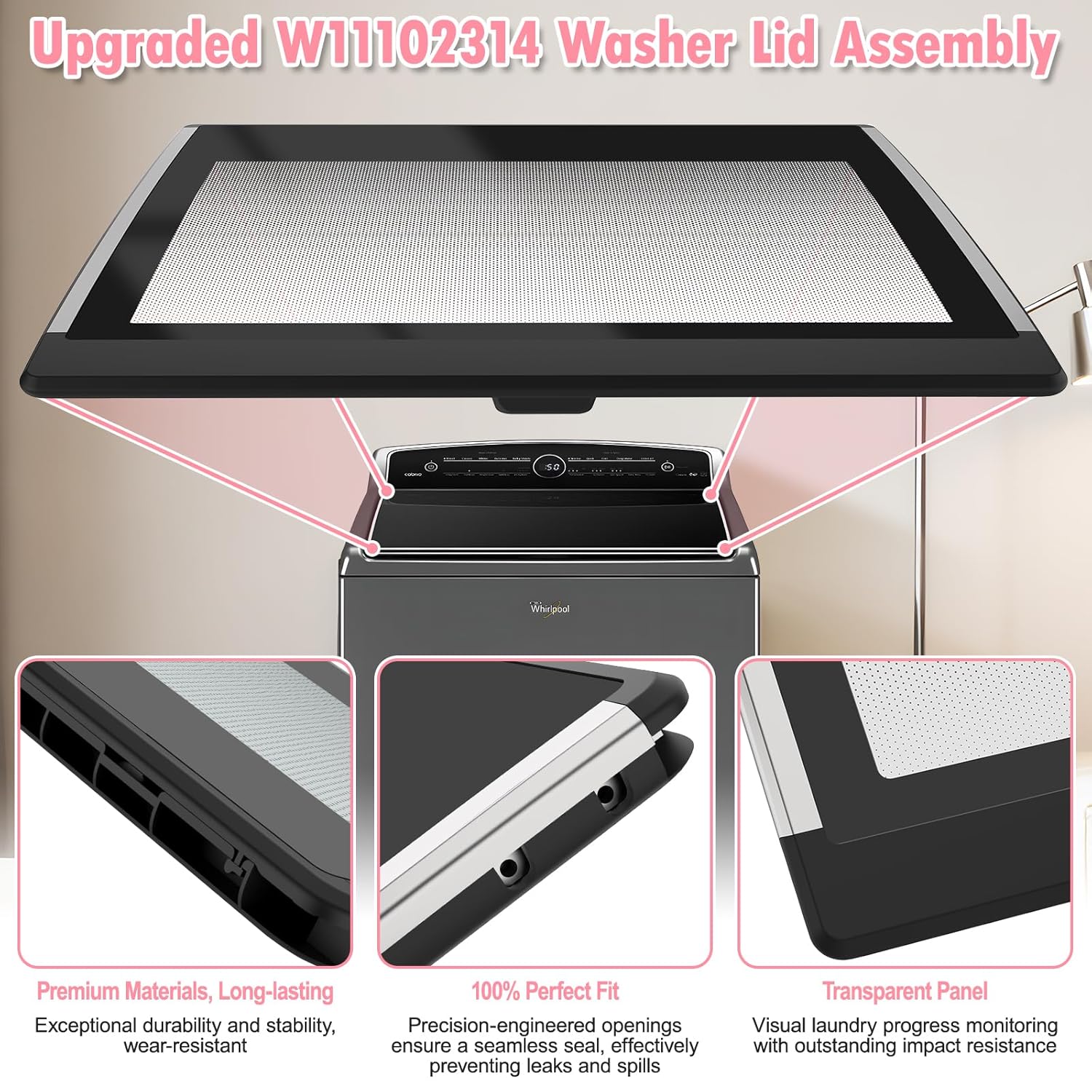 LXun Upgeade W11102314 Washer Lid Assembly Replacement Compatible With Whirlpool Washer Lid Part WP8563965 Left Lid Hinge & WP8572974 Right Lid Hinge & 4 Screws W11404293, Replaces W10594159 W10610172