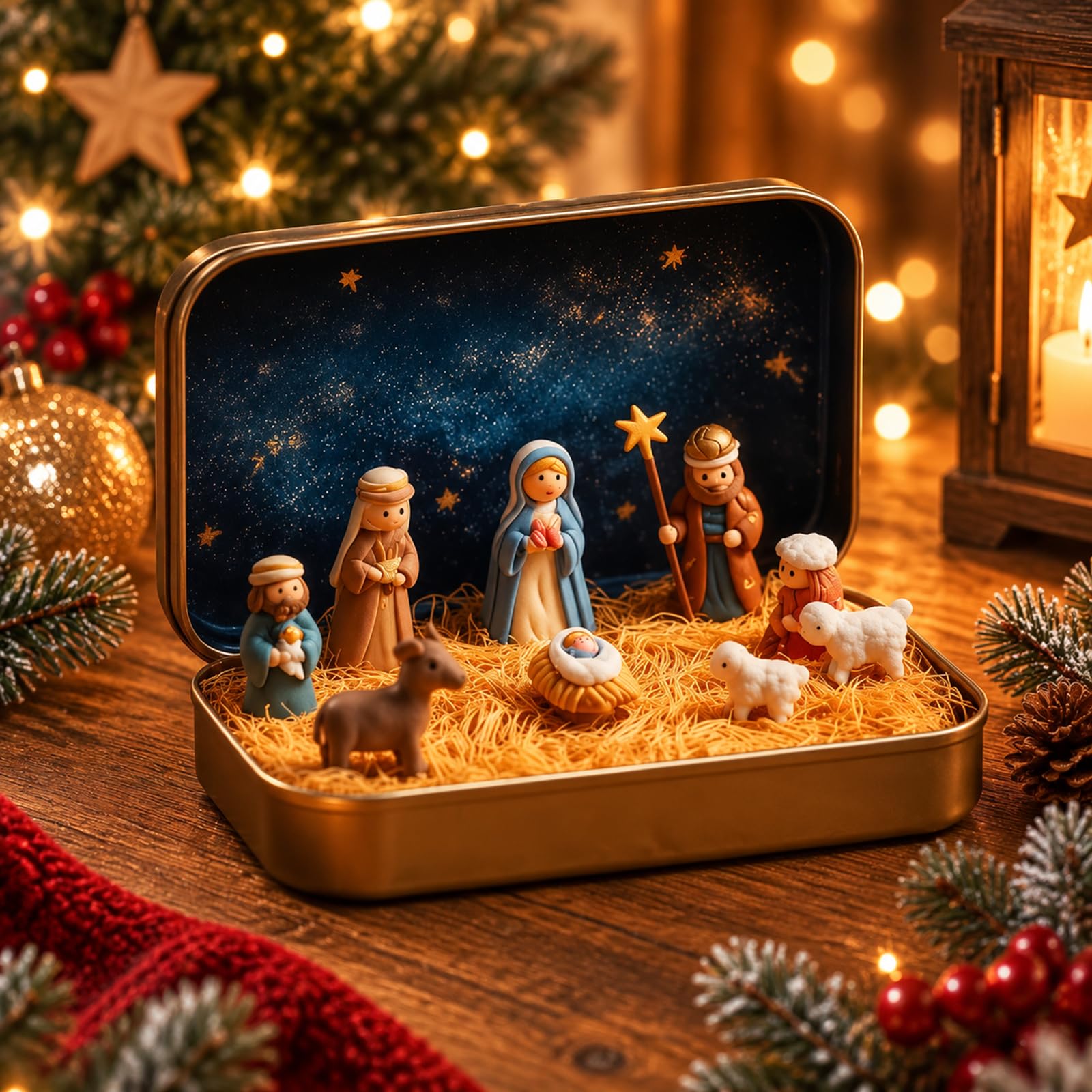 Mini Christmas Nativity Set Tin Box, Pocket Nativity Scene in a tin box — image 1
