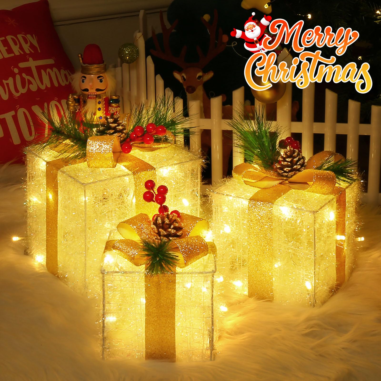 Quntis Juego de 3 Cajas de Regalo Luces de Navidad, Cajas de Luz Decoración | 60LED Cajas de Iluminación Navideña para Árbol de Navidad/Escaparate/Hogar/Fiesta/Boda/Habitación Infantil, Interior/Exterior